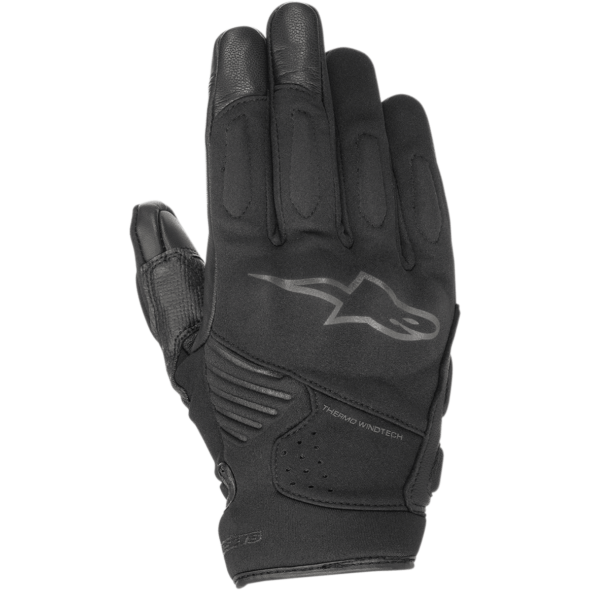 Alpinestars Faster Gloves, guanti da moto neri, con logo Alpinestars a stella e marchio Thermo Windtech, imbottiture rinforzate su nocche e dita, design multi-materiale per guida urbana