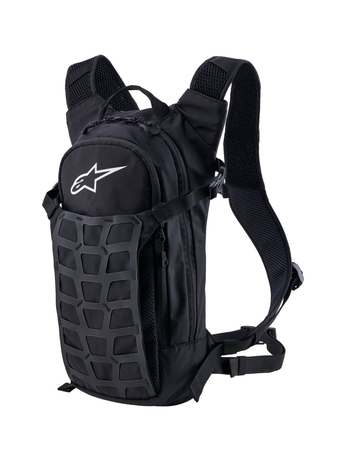 Alpinestars Zaino AT-9, zaino da motocross e per uso quotidiano, nero e grigio scuro, in tessuto resistente con griglia anteriore e spallacci imbottiti, logo Alpinestars bianco frontale