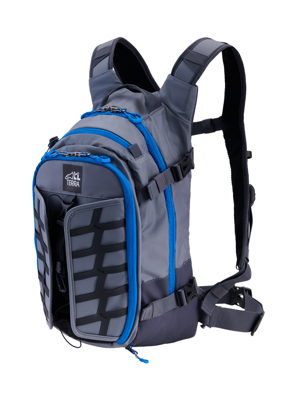 Zaino Alpinestars AT-15, zaino da moto Adventure, grigio scuro e grigio intenso con profili delle cerniere in blu acceso, vista di tre quarti anteriore che mostra il logo 'ALL TERRA', pannello frontale espandibile e sistema di cinghie tecnico ed ergonomico.