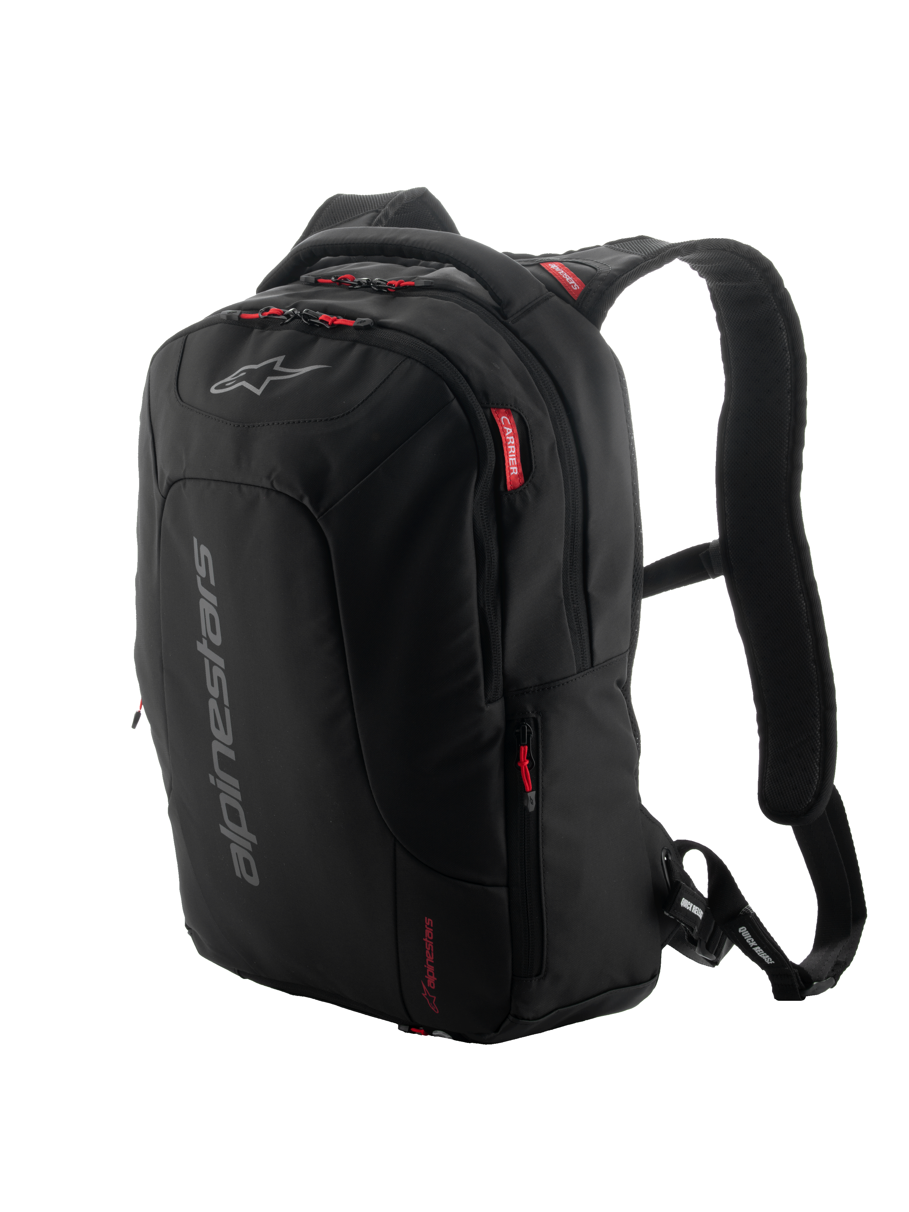 Alpinestars City Hunter V2 Backpack, zaino da moto urbano, nero con tiralampo e dettagli rossi, marchio verticale grigio, spallacci imbottiti in mesh, design affusolato per la stabilità durante la guida