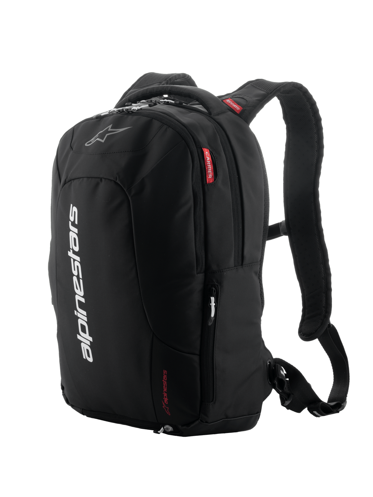 Zaino Alpinestars City Hunter V2, nero con accenti bianchi e rossi, zaino da moto urbano, dotato di spallacci imbottiti in rete, molteplici scomparti con zip, marchio bianco verticale e dettagli del logo rossi, design ergonomico per motociclisti