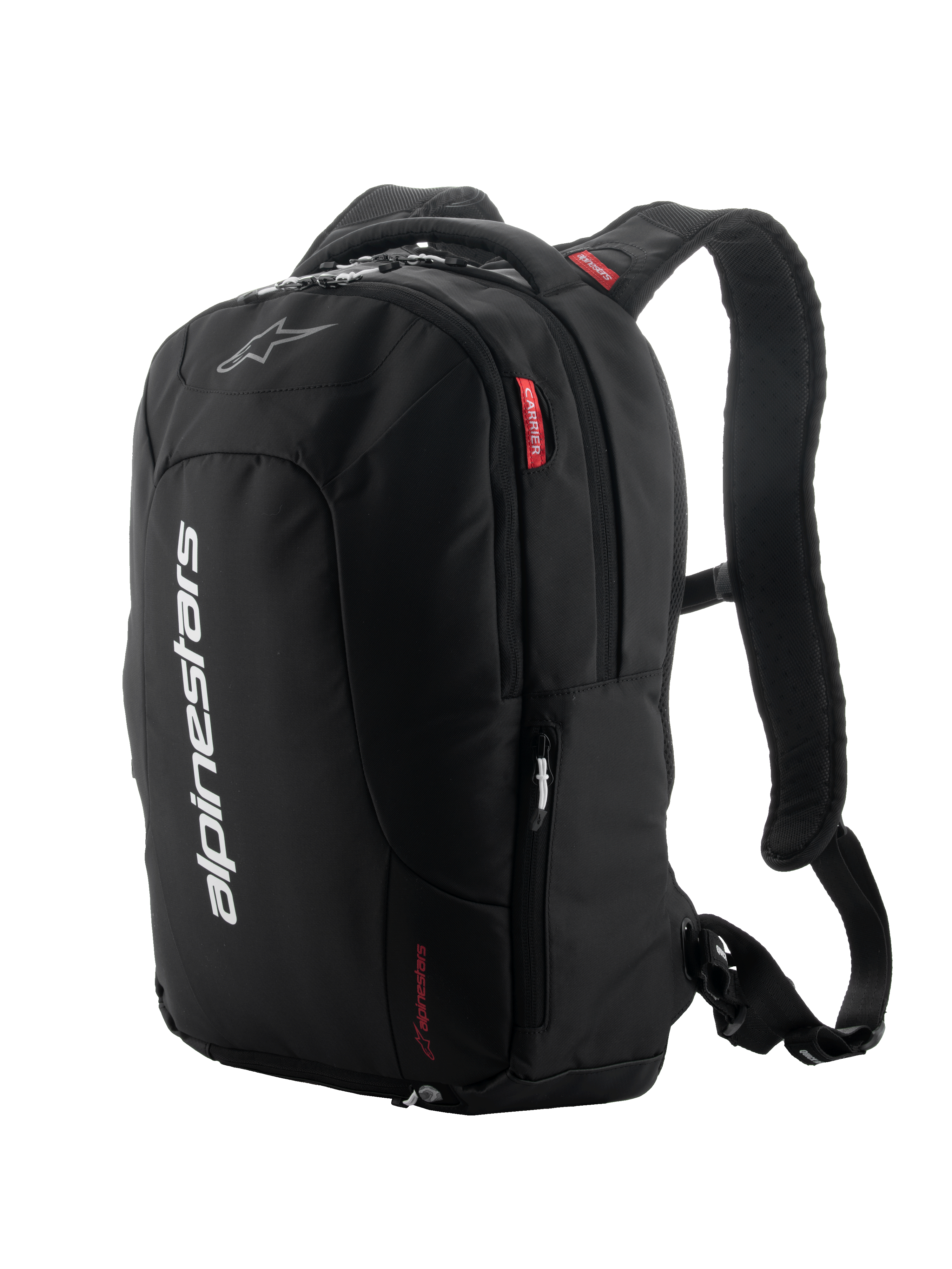 Zaino Alpinestars City Hunter V2, nero con accenti bianchi e rossi, zaino da moto urbano, dotato di spallacci imbottiti in rete, molteplici scomparti con zip, marchio bianco verticale e dettagli del logo rossi, design ergonomico per motociclisti