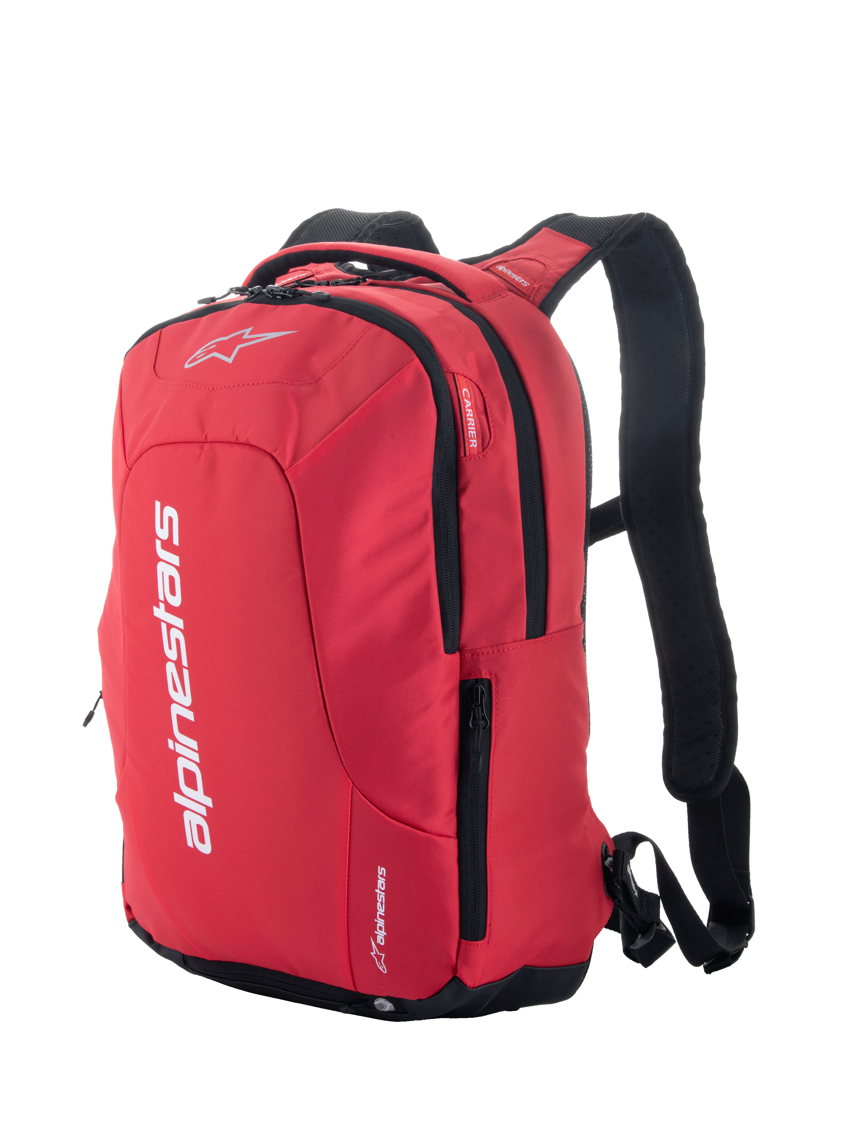 Alpinestars City Hunter V2 Backpack, zaino da moto urbano rosso e nero, logo bianco evidente, tasche laterali con zip, spallacci in rete imbottiti e design affusolato per motociclisti