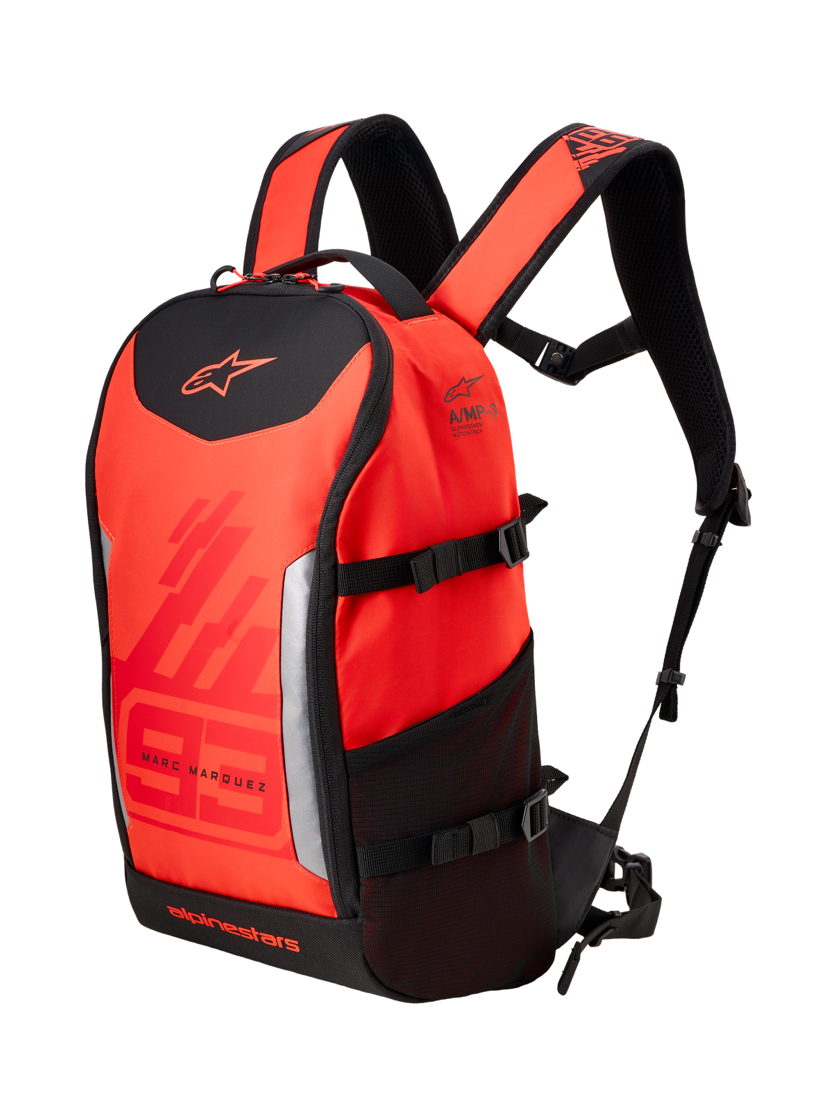 Alpinestars MM93 AMP3 Backpack, zaino tecnico da moto, rosso fluo e rosso acceso con dettagli neri, con marchio Marc Marquez 93 e loghi Alpinestars, spallacci regolabili, tasca laterale in rete e design in tessuto strutturato