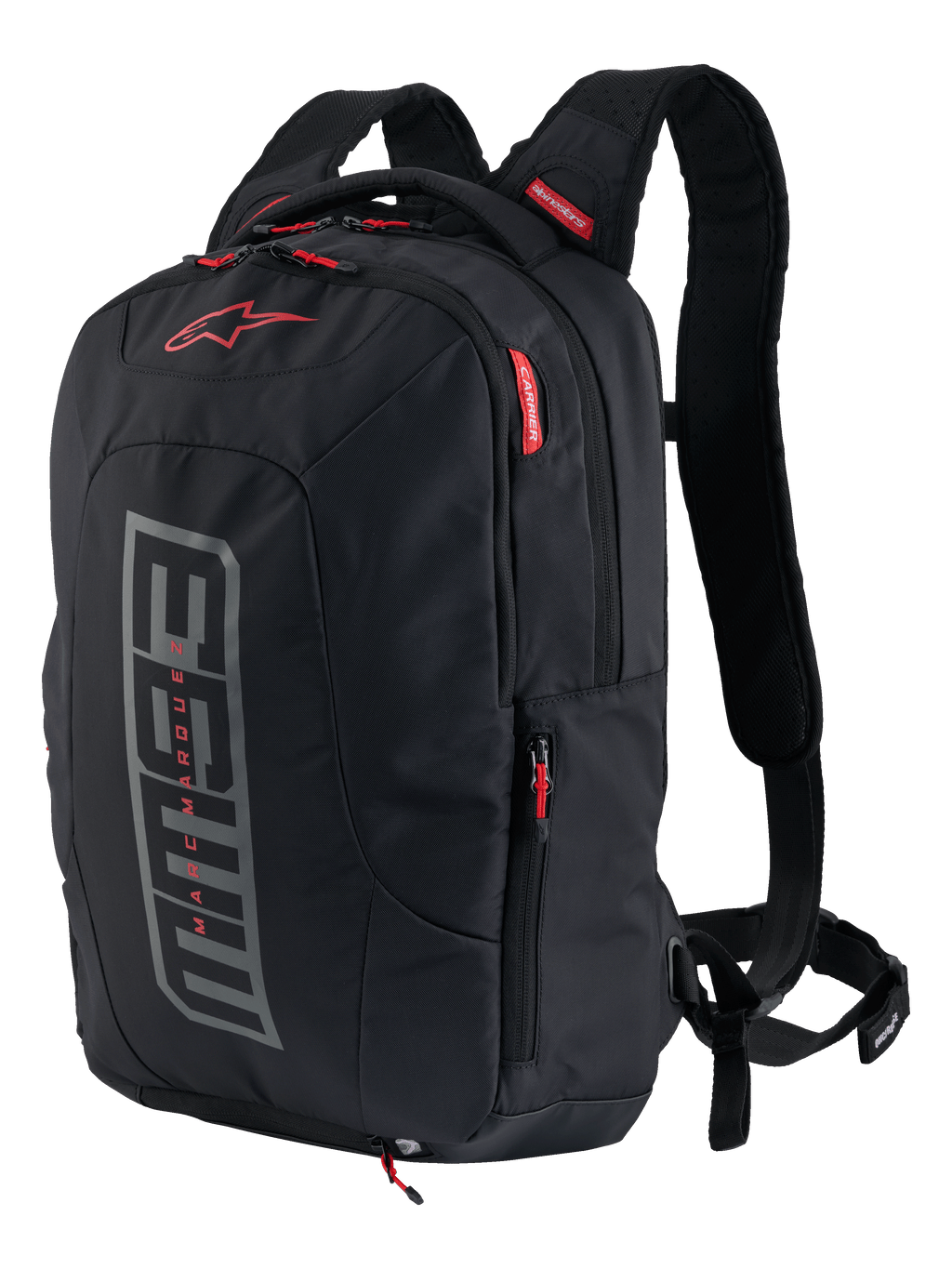 Alpinestars MM93 City Hunter V2 Backpack, zaino da moto, nero con grafica MM93 grigia e accenti rossi, collezione firmata Marc Marquez, dotato di spallacci imbottiti e tasche laterali, design urbano resistente