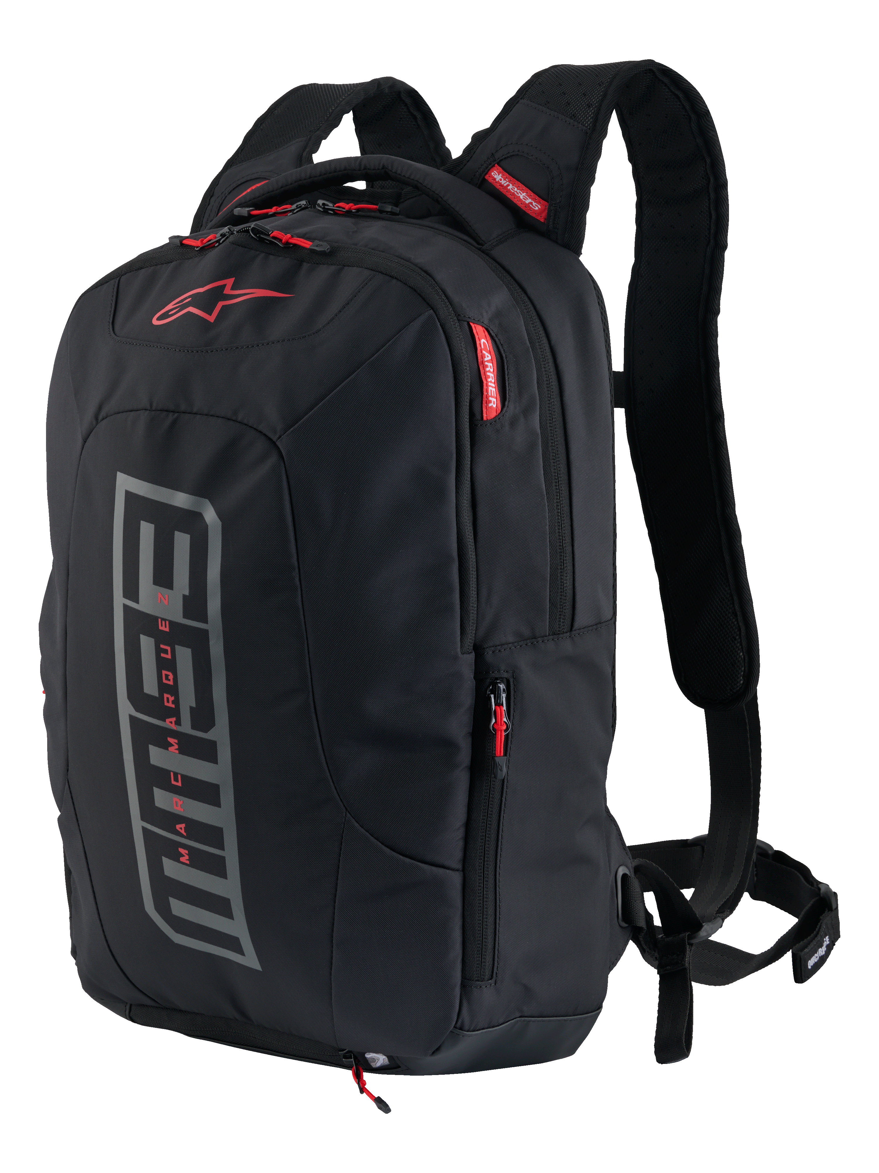Alpinestars MM93 City Hunter V2 Backpack, zaino da moto, nero con grafica MM93 grigia e accenti rossi, collezione firmata Marc Marquez, dotato di spallacci imbottiti e tasche laterali, design urbano resistente