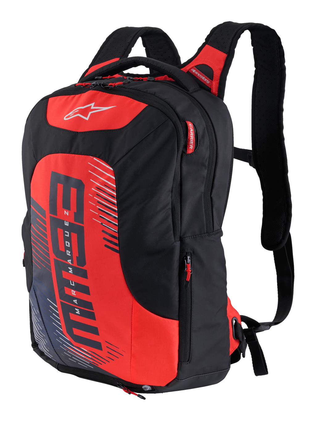 Zaino MM93 City Hunter V2, nero e rosso, zaino sportivo da moto con spallacci imbottiti ergonomici, scomparti multipli con tiretti delle cerniere rossi, pannello frontale rosso acceso con logo MM93 ed elementi grafici Marc Marquez, tessuto tecnico resistente, design aerodinamico e profilato