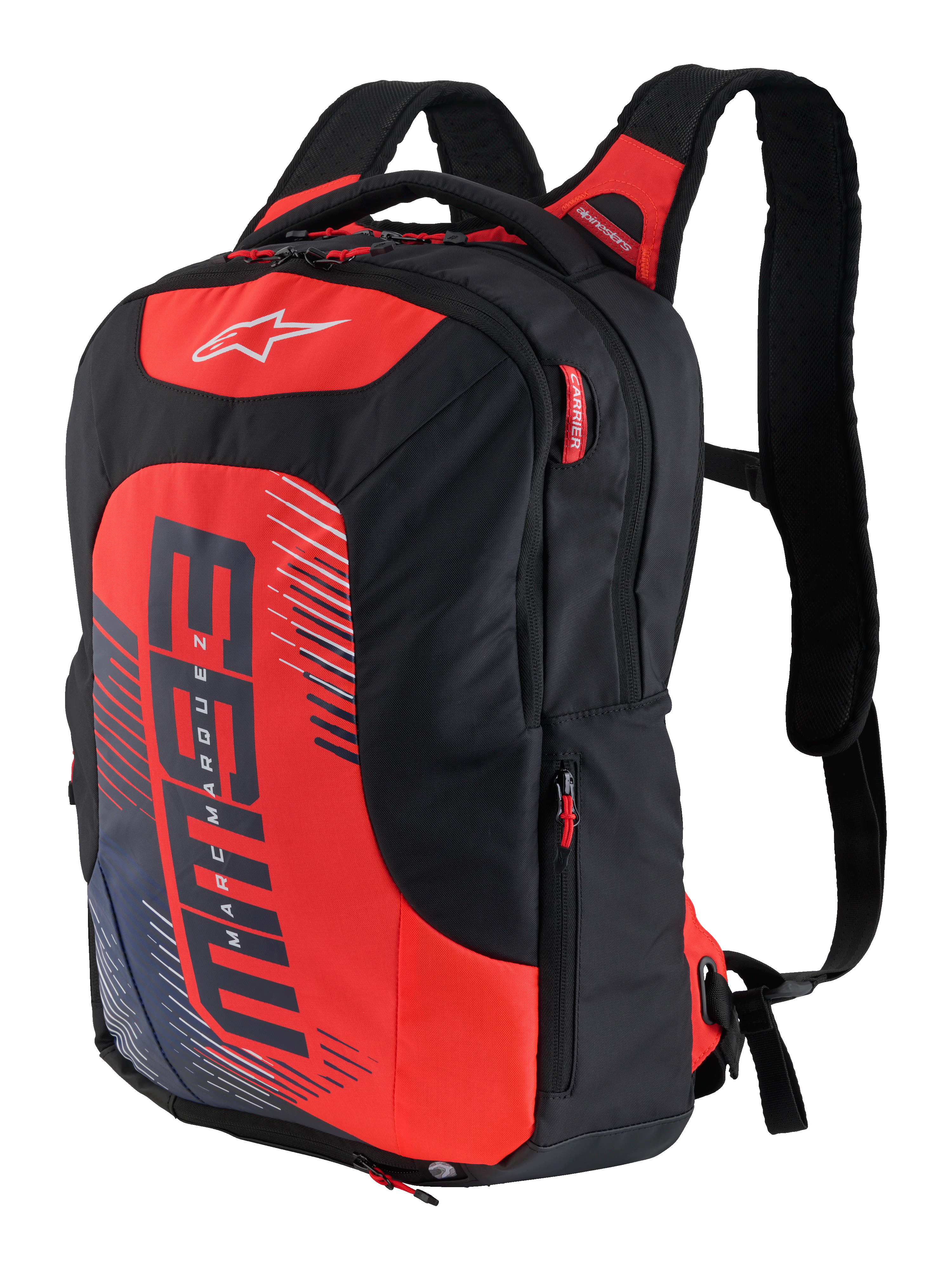 Zaino MM93 City Hunter V2, nero e rosso, zaino sportivo da moto con spallacci imbottiti ergonomici, scomparti multipli con tiretti delle cerniere rossi, pannello frontale rosso acceso con logo MM93 ed elementi grafici Marc Marquez, tessuto tecnico resistente, design aerodinamico e profilato