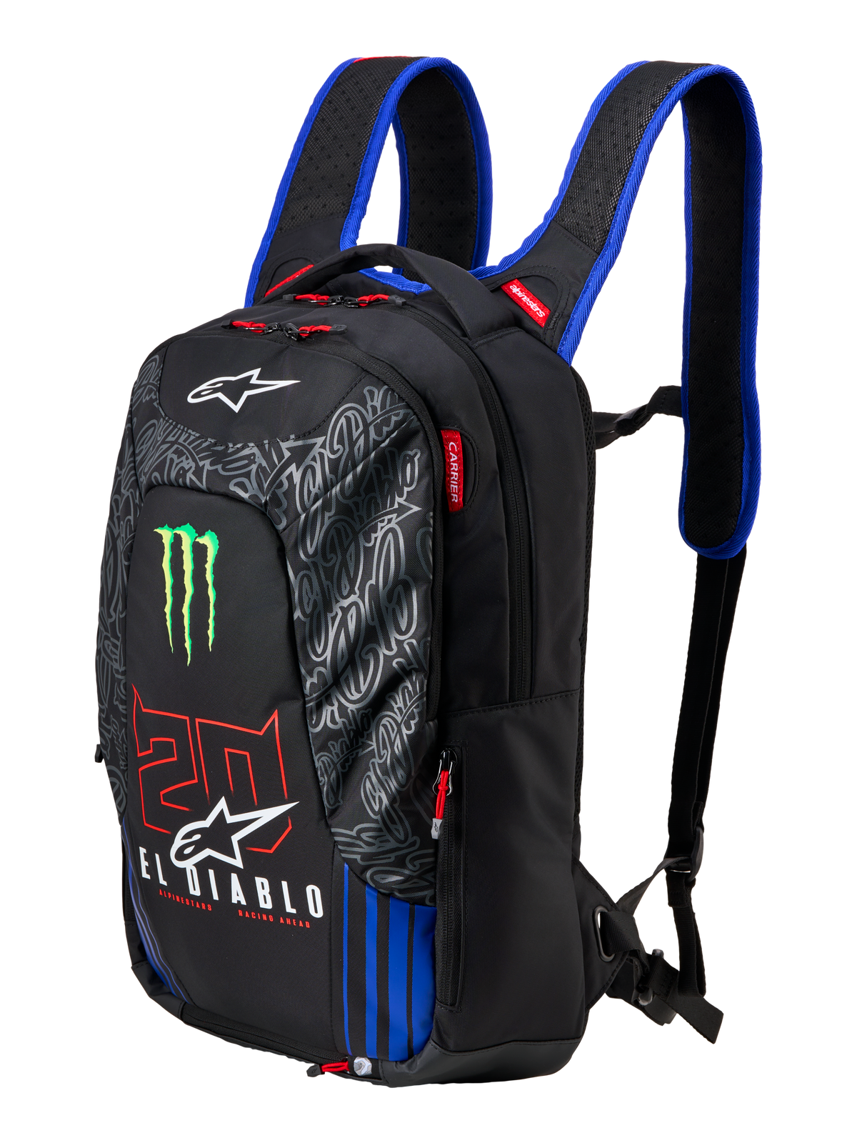 Alpinestars FQ20 City Hunter V2 Monster Backpack, zaino da moto nero con spallacci blu, logo Monster Energy verde, numero '20' rosso e branding 'El Diablo' bianco, equipaggiamento tecnico da moto urbano con profilo affusolato