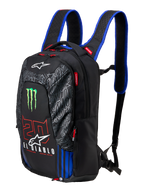 Alpinestars FQ20 City Hunter V2 Monster Backpack, zaino da moto nero con spallacci blu, logo Monster Energy verde, numero '20' rosso e branding 'El Diablo' bianco, equipaggiamento tecnico da moto urbano con profilo affusolato