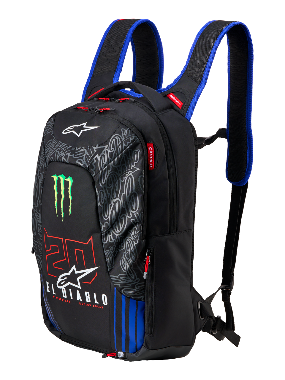 Alpinestars FQ20 City Hunter V2 Monster Backpack, black motorcycle backpack with blue shoulder straps, featuring green Monster Energy claw logo, red '20' and white 'El Diablo' branding, technical urban riding gear with tapered profile.