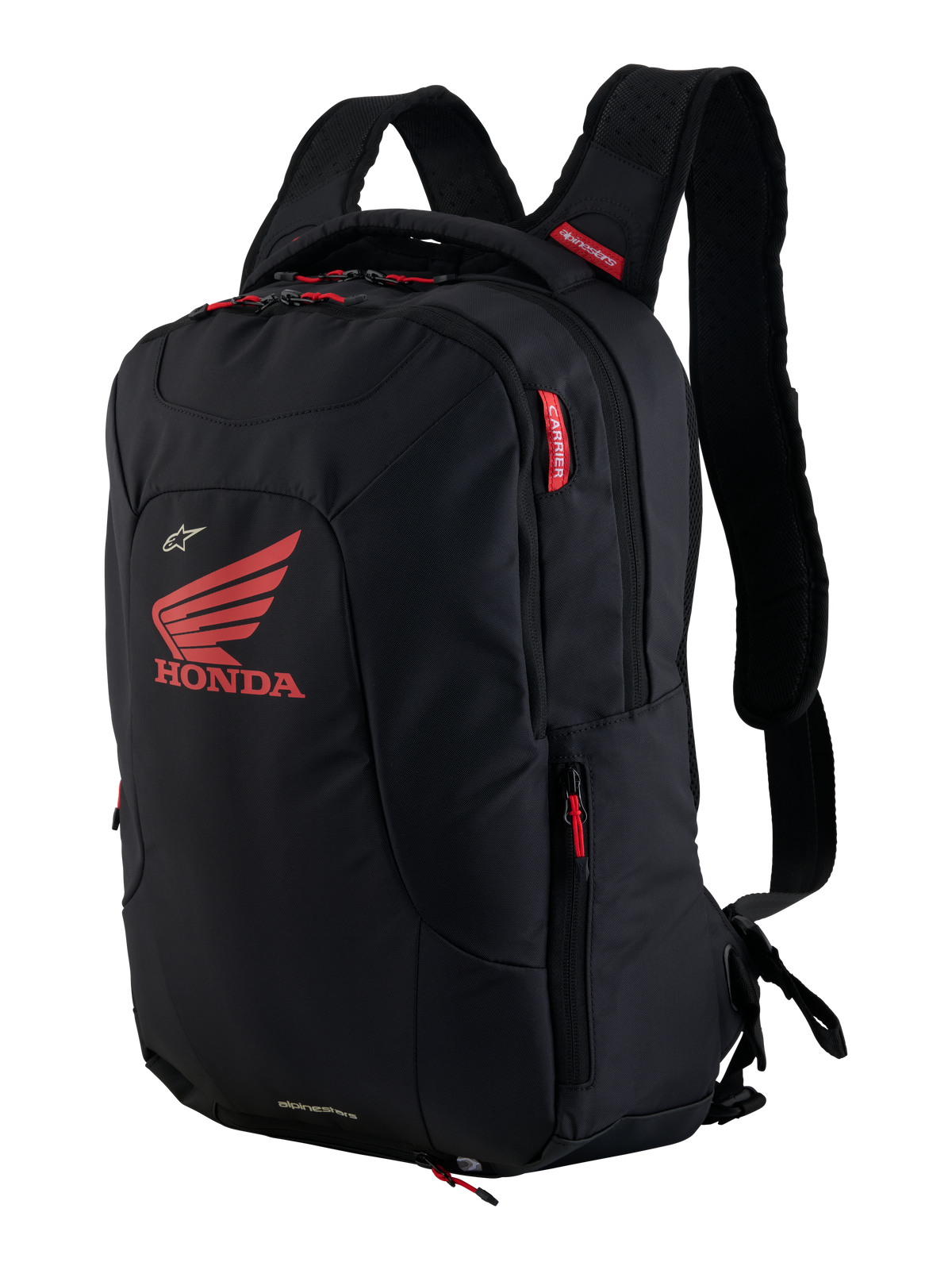 Zaino Honda City Hunter V2, zaino da moto urbano, nero e rosso brillante, con grande logo Honda rosso e branding Alpinestars, scomparti multipli con cerniere e tiranti rossi, design ergonomico con spallacci imbottiti in mesh 3D.