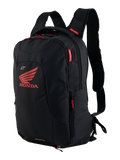 Zaino Honda City Hunter V2, zaino da moto urbano, nero e rosso brillante, con grande logo Honda rosso e branding Alpinestars, scomparti multipli con cerniere e tiranti rossi, design ergonomico con spallacci imbottiti in mesh 3D.