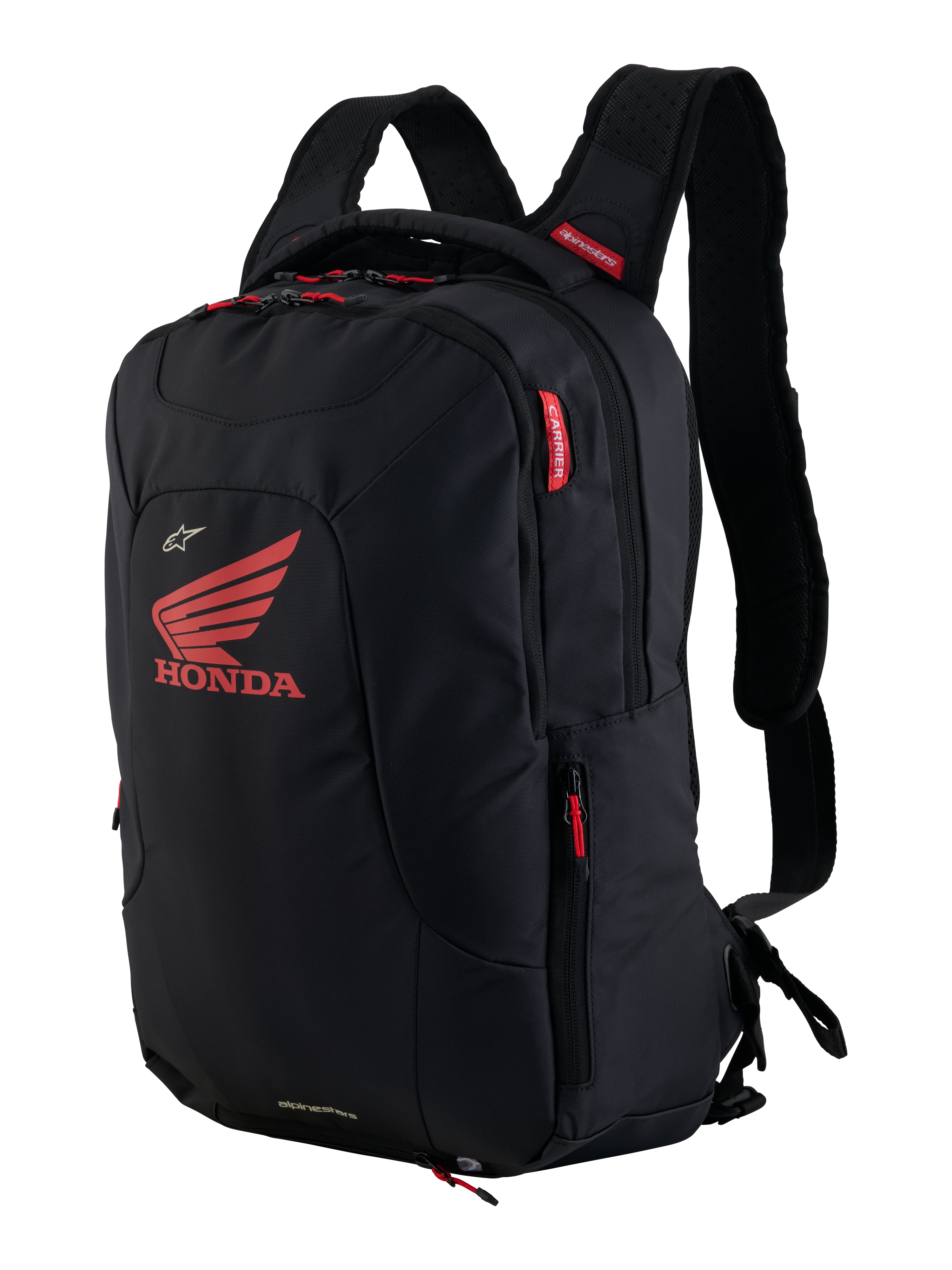 Zaino Honda City Hunter V2, zaino da moto urbano, nero e rosso brillante, con grande logo Honda rosso e branding Alpinestars, scomparti multipli con cerniere e tiranti rossi, design ergonomico con spallacci imbottiti in mesh 3D.