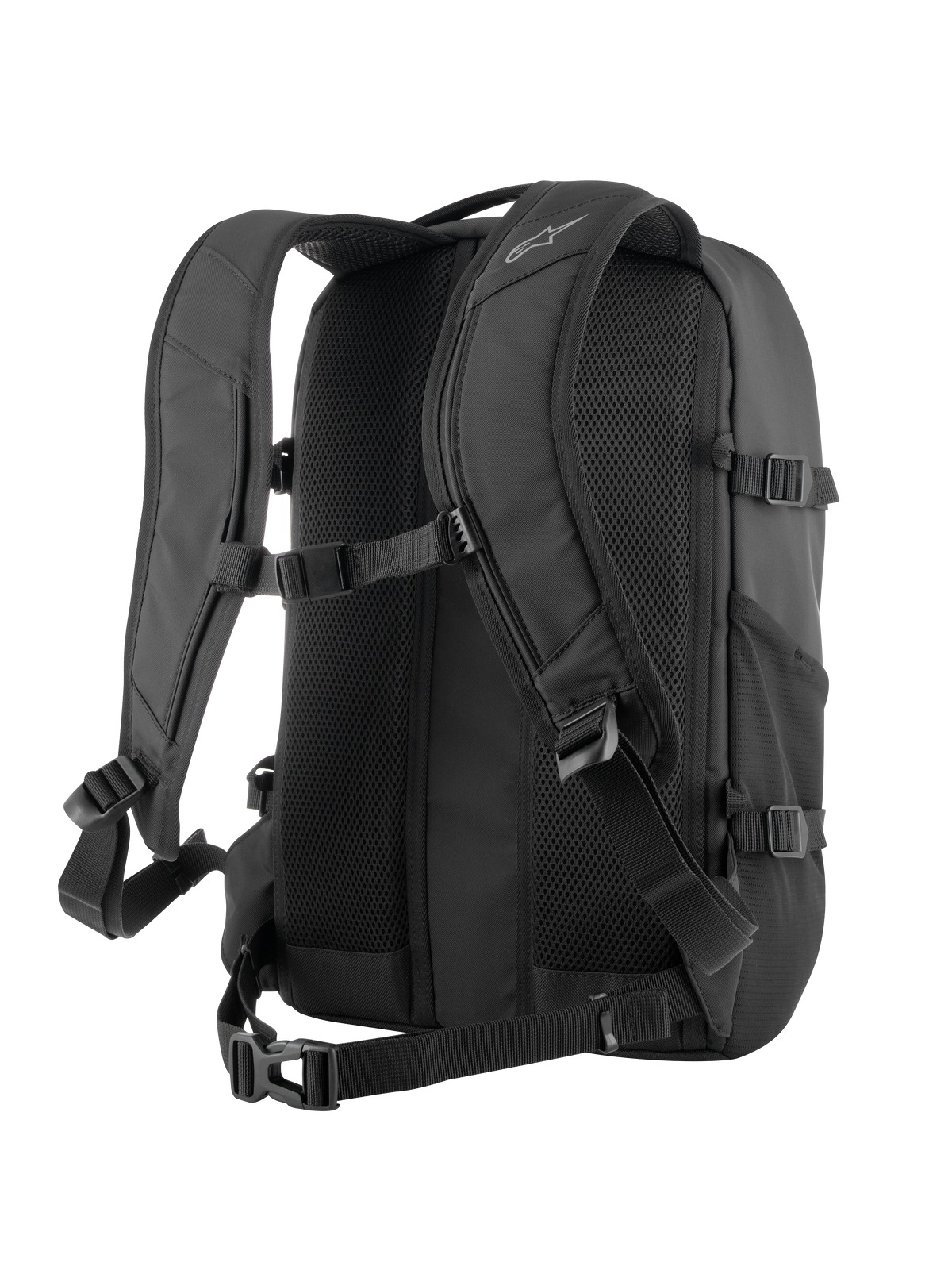 Zaino Alpinestars AMP3 nero, vista posteriore che mostra lo schienale traspirante in rete 3D con canali per il flusso d'aria, spallacci ergonomici regolabili, fibbia sul petto e cintura in vita per la guida in moto.