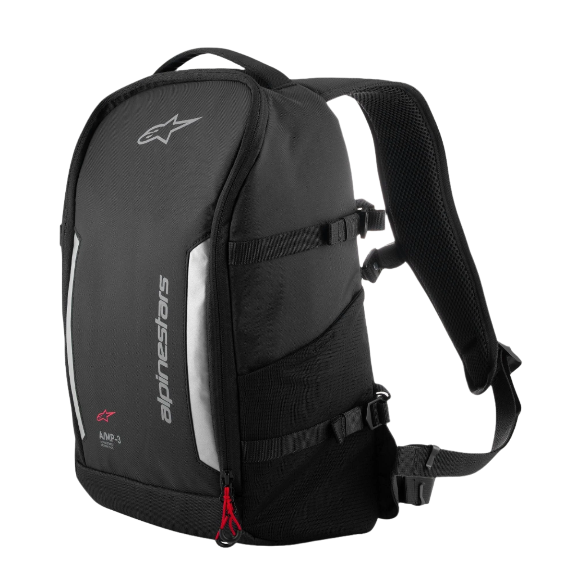 Alpinestars AMP3 Backpack, zaino tecnico da moto, nero, con pannelli riflettenti grigi e branding Alpinestars verticale, dettaglio cerniera rossa, cinghie di compressione laterali e tasca in rete, capacità di 17 litri per guida su strada e urbana