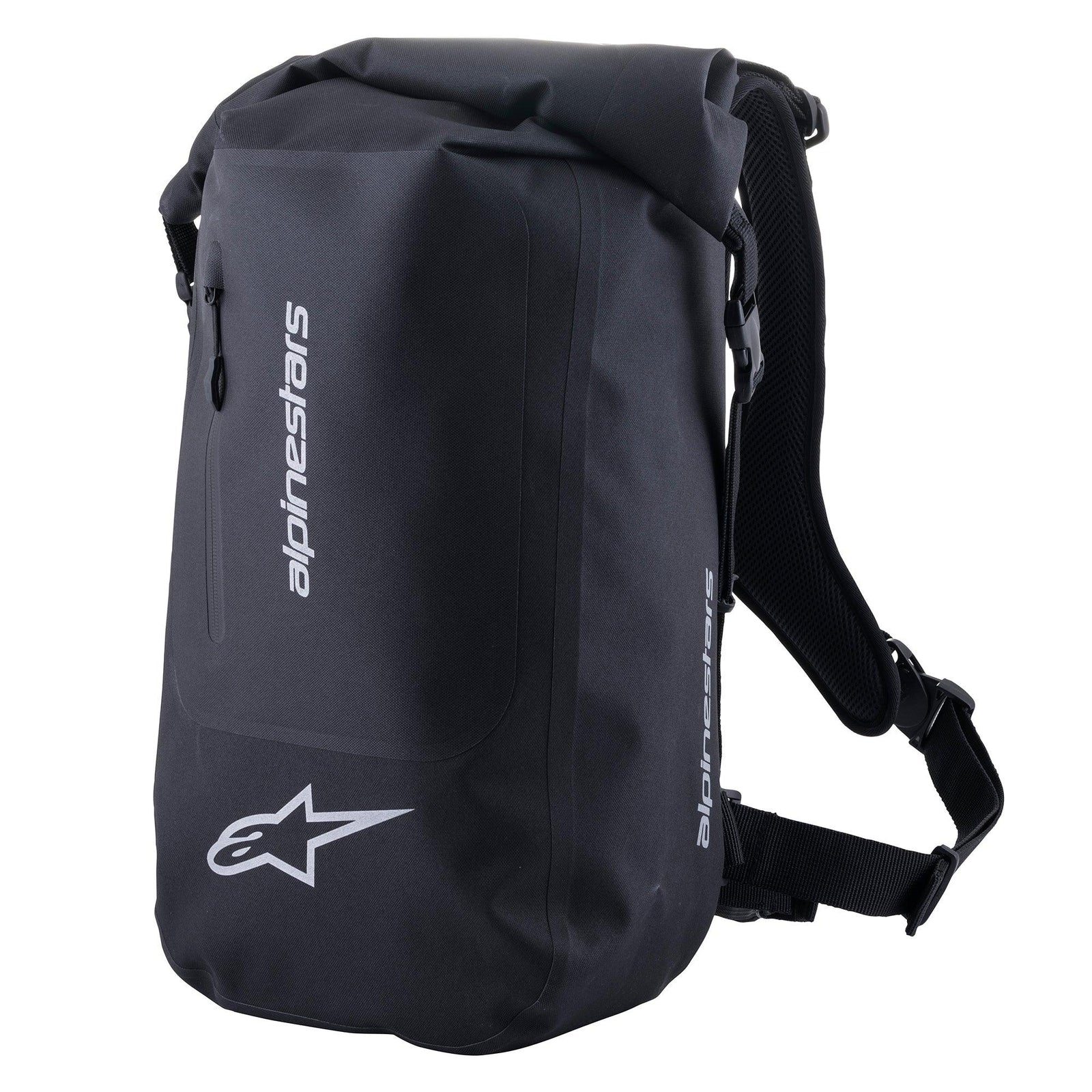 Alpinestars Sealed Sport Pack, zaino da moto impermeabile, nero, con logo Astar bianco e scritta Alpinestars verticale, chiusura roll-top, spallacci regolabili con imbottitura in mesh, design con capacità di 23 litri
