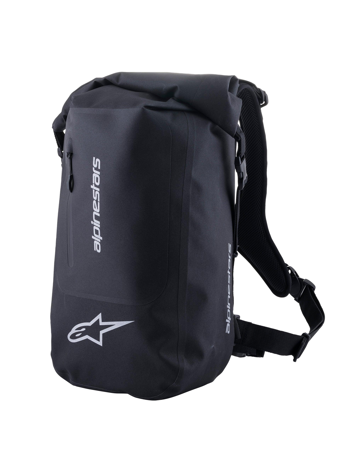 Alpinestars Borsa Sportiva Sealed, zaino da moto impermeabile unisex, nero, con chiusura roll-top e loghi riflettenti argento, ideale per la guida sportiva e urbana.