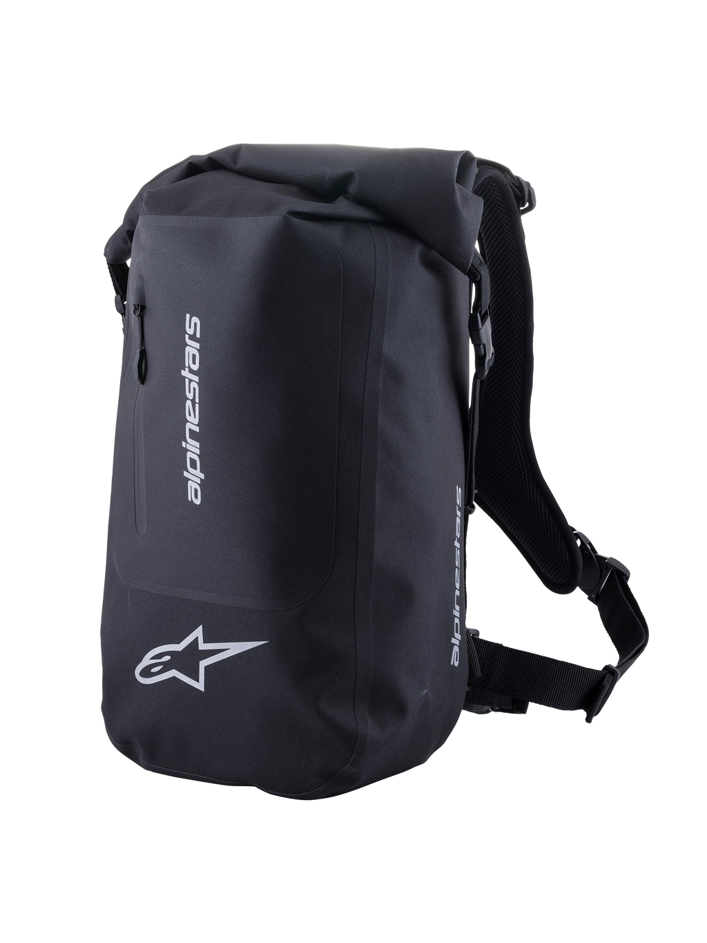 Alpinestars Borsa Sportiva Sealed, zaino da moto impermeabile unisex, nero, con chiusura roll-top e loghi riflettenti argento, ideale per la guida sportiva e urbana.