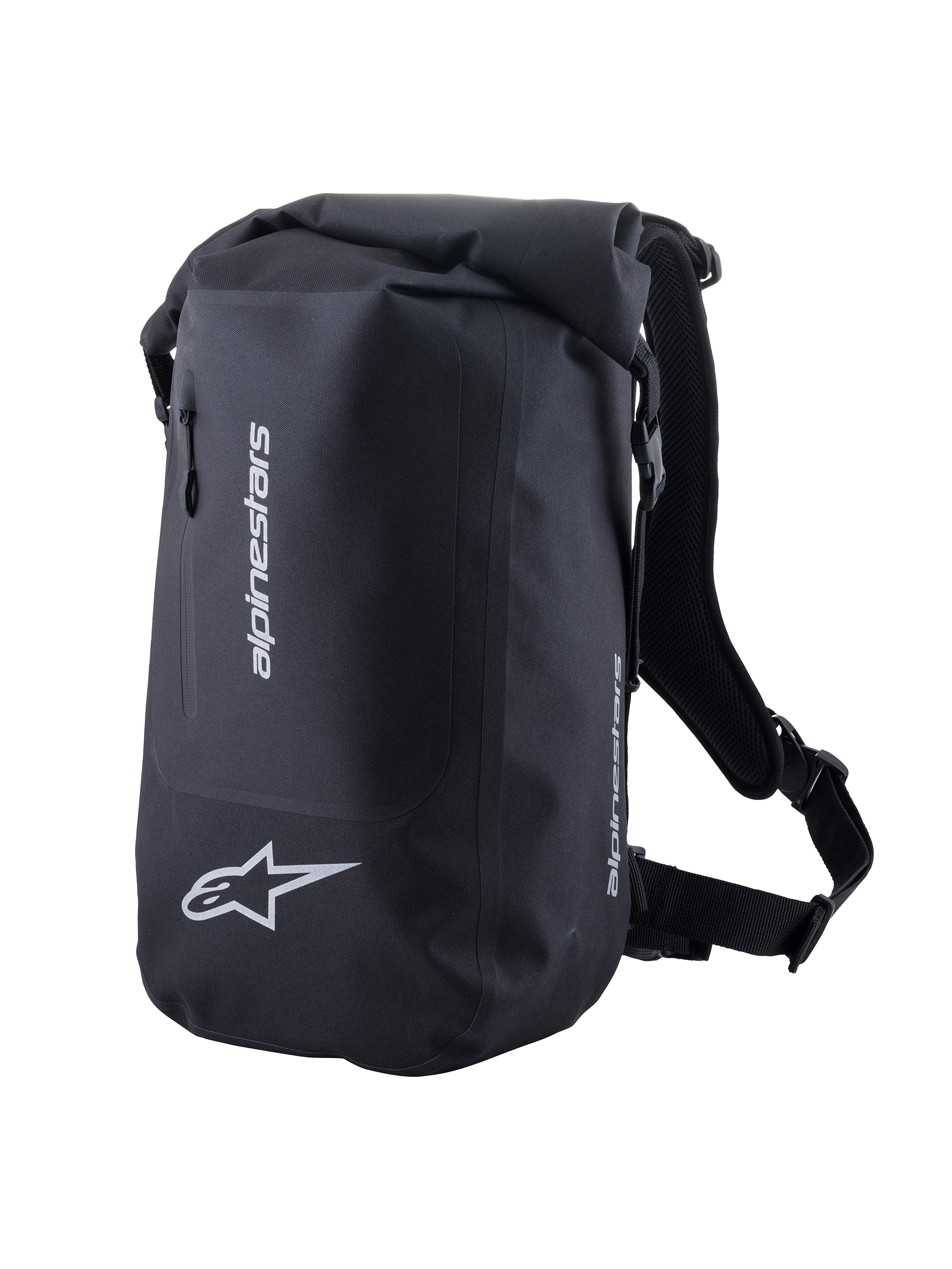 Alpinestars Borsa Sportiva Sealed, zaino da moto impermeabile unisex, nero, con chiusura roll-top e loghi riflettenti argento, ideale per la guida sportiva e urbana.