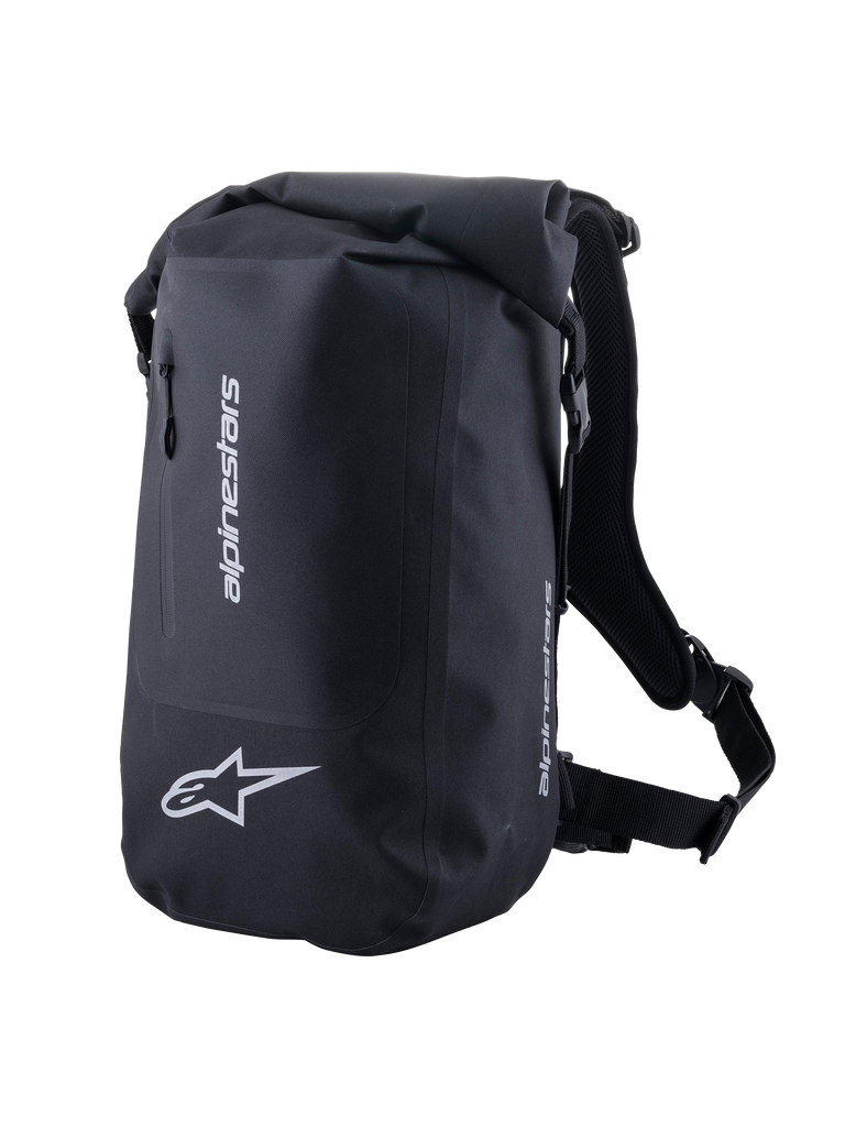 Alpinestars Borsa Sportiva Sealed, zaino da moto impermeabile unisex, nero, con chiusura roll-top e loghi riflettenti argento, ideale per la guida sportiva e urbana.