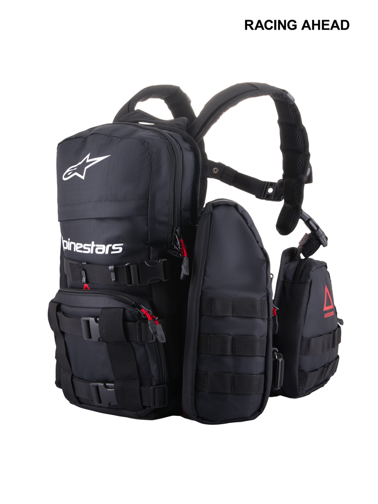 Alpinestars Techdura Tactical Pack, zaino modulare per fuoristrada ed enduro, nero con logo Alpinestars bianco, dotato di webbing MOLLE, tasche multiple rimovibili e robusta costruzione in poly-fabric per il trasporto su pista.
