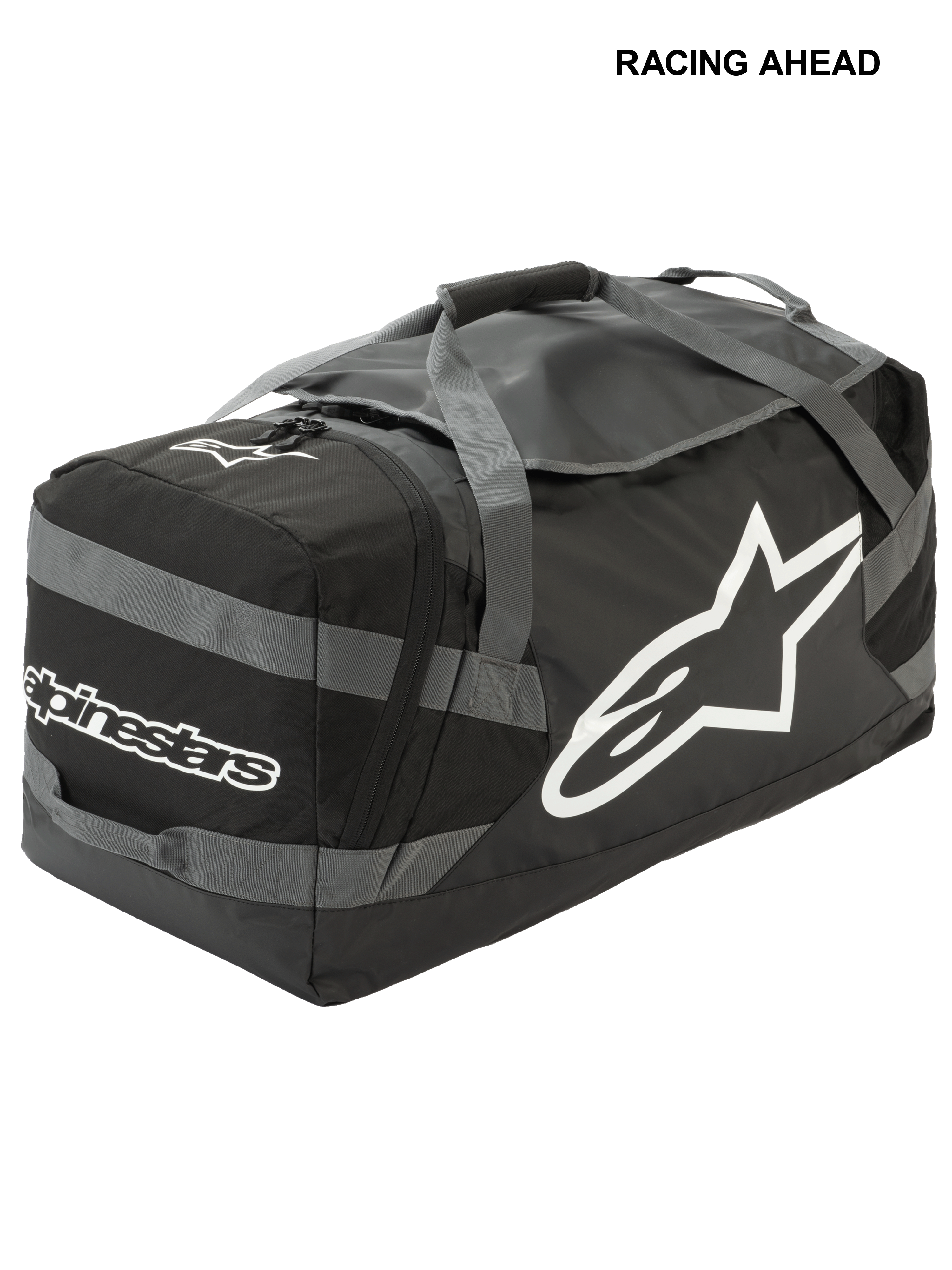 Alpinestars Goanna Bag, borsone da motocross, nero e grigio antracite con loghi bianchi, grande logo a stella laterale e scritta, base in telone resistente, cinghie di trasporto rinforzate, ampio spazio per l'attrezzatura da gara fuoristrada