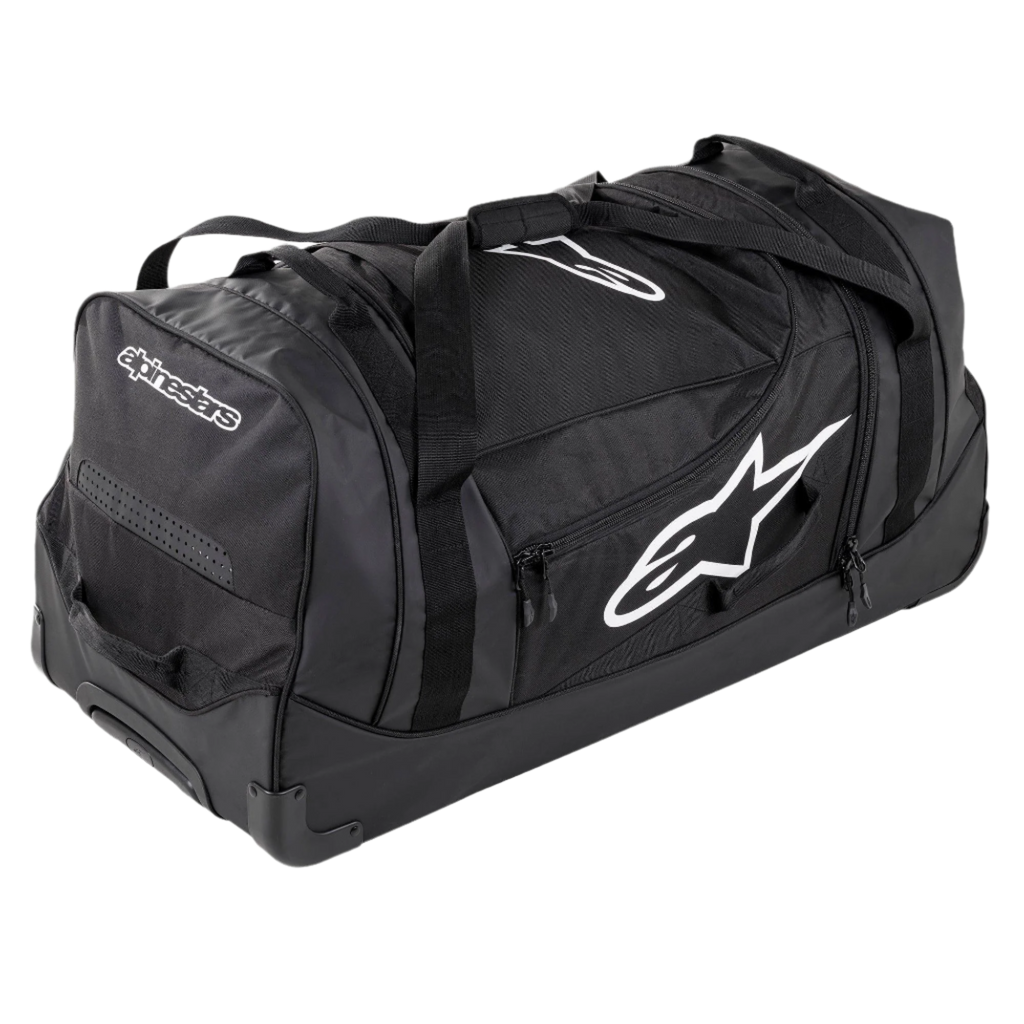 Alpinestars Komodo Travel Bag, borsa da viaggio ad alta capacità, nera con loghi Alpinestars bianchi, dotata di ruote ultra-resistenti, maniglie rinforzate e molteplici scomparti con cerniera per l'organizzazione dell'attrezzatura da gara