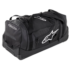 Alpinestars Komodo Travel Bag, borsa da viaggio ad alta capacità, nera con loghi Alpinestars bianchi, dotata di ruote ultra-resistenti, maniglie rinforzate e molteplici scomparti con cerniera per l'organizzazione dell'attrezzatura da gara