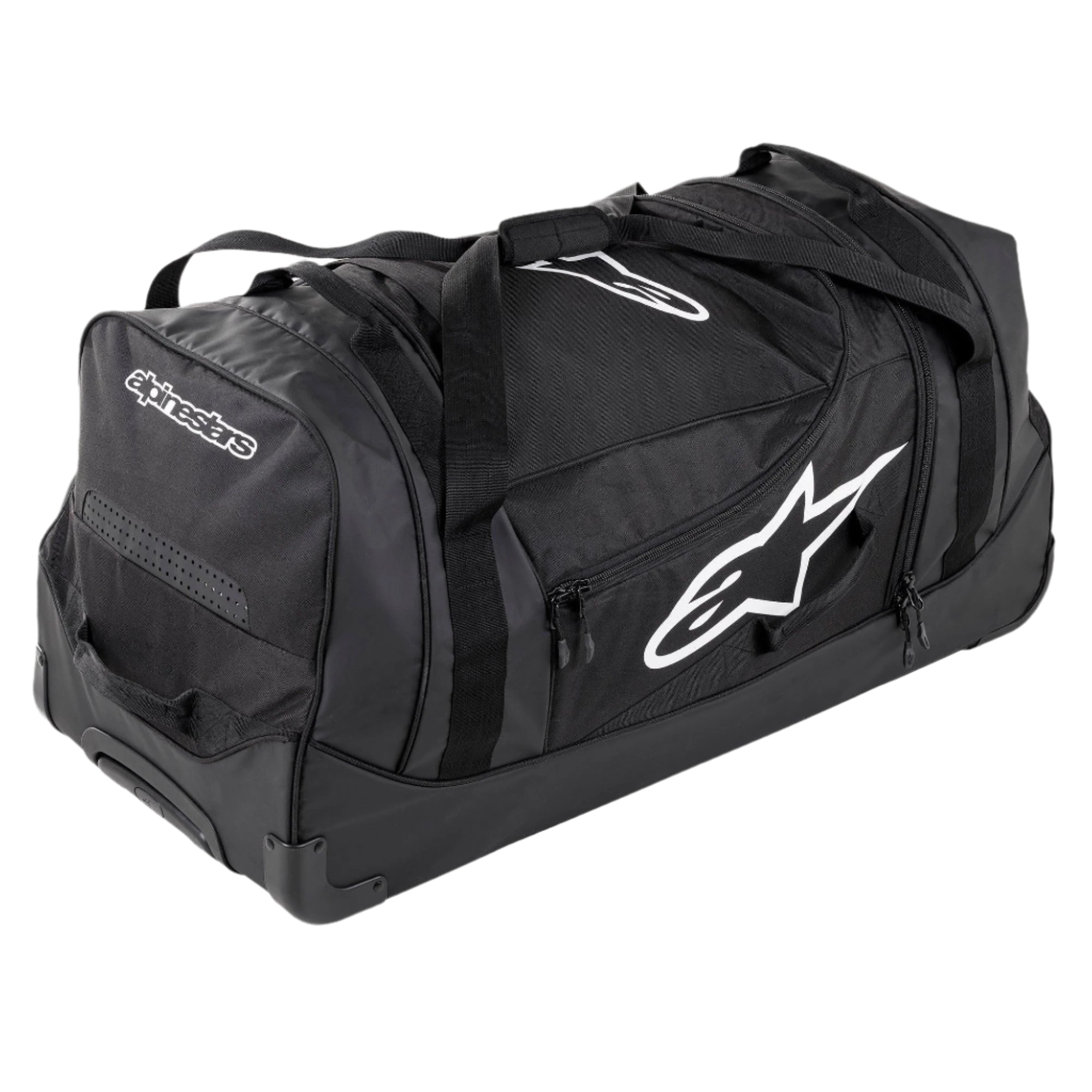 Alpinestars Komodo Travel Bag, borsa da viaggio ad alta capacità, nera con loghi Alpinestars bianchi, dotata di ruote ultra-resistenti, maniglie rinforzate e molteplici scomparti con cerniera per l'organizzazione dell'attrezzatura da gara