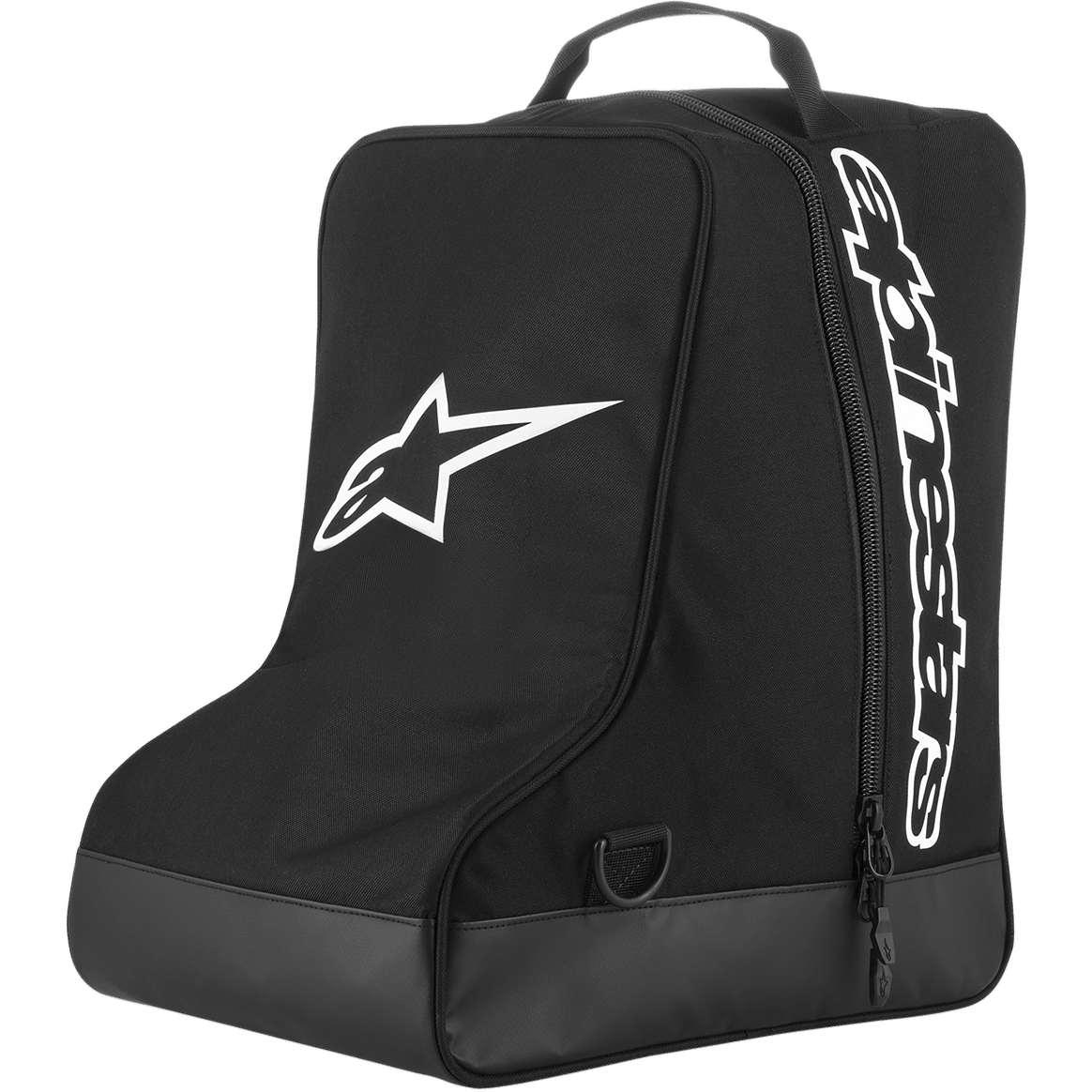 Alpinestars Boot Bag, borsa portastivali da motocross, nera con logo a stella bianco e scritta verticale, maniglia superiore in fettuccia, base in telone rinforzato, poliestere 600D resistente, progettata per calzature off-road