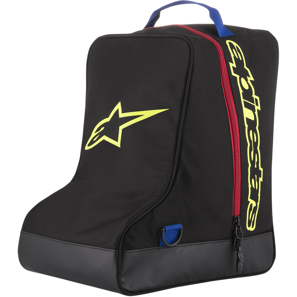 Alpinestars Boot Bag, borsa porta stivali da motocross, nero e giallo con cerniera rossa e maniglia blu, grande logo a stella giallo e marchio Alpinestars, base in telone resistente, borsa specializzata per stivali da corsa fuoristrada