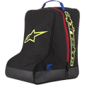 Alpinestars Boot Bag, borsa porta stivali da motocross, nero e giallo con cerniera rossa e maniglia blu, grande logo a stella giallo e marchio Alpinestars, base in telone resistente, borsa specializzata per stivali da corsa fuoristrada