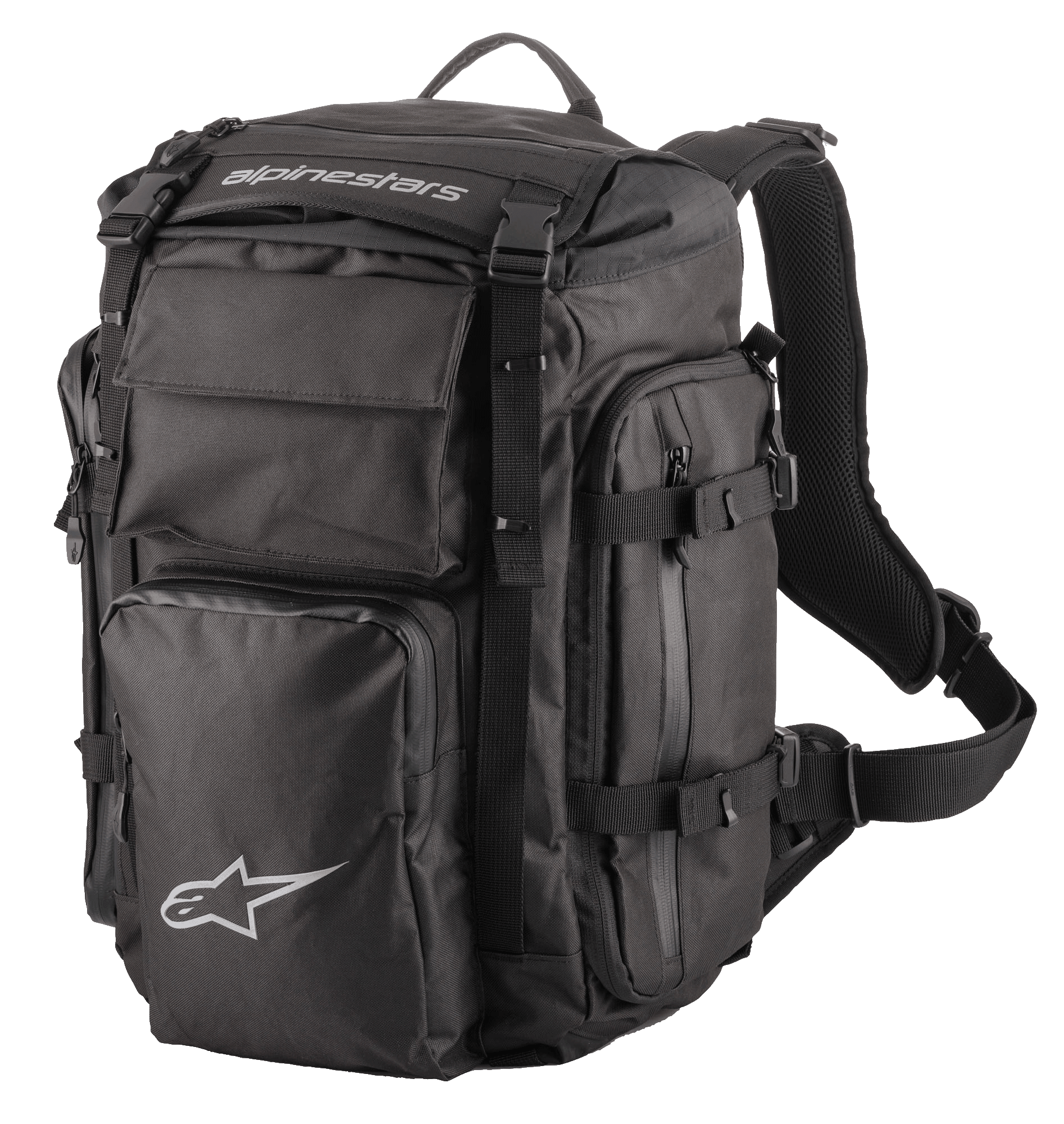 Alpinestars Rover Overland Backpack, zaino Adventure Touring, nero, logo Alpinestars bianco, scomparti multipli con cerniera e cinghie di compressione, spallacci in mesh imbottiti e imbracatura ergonomica, design in tessuto resistente per viaggi in moto a lunga percorrenza