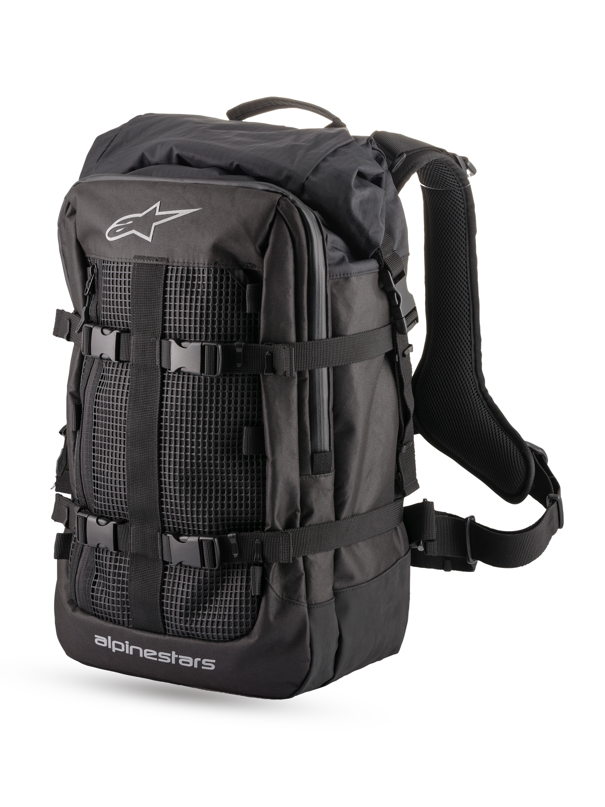 Alpinestars Zaino Multi Rover, zaino da moto adventure touring, nero, con struttura in tessuto, scomparto roll-top, cinghie di compressione e pannello frontale in rete con dettagli del logo