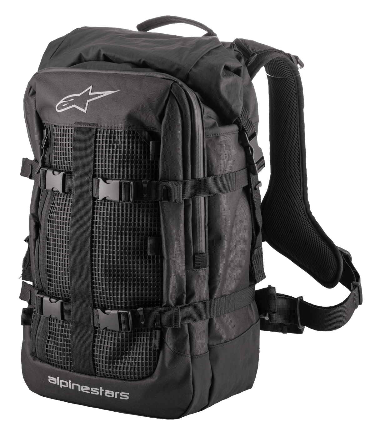 Alpinestars Rover Multi Backpack, zaino Adventure Touring, nero, con pannello frontale in rete, cinghie di compressione regolabili con fibbie, spallacci ergonomici imbottiti e robusta struttura in tessuto per il commuting in moto e i viaggi adventure