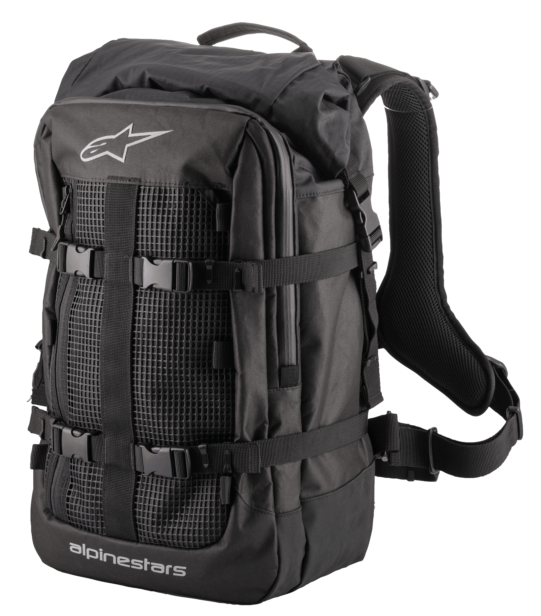Alpinestars Rover Multi Backpack, zaino Adventure Touring, nero, con pannello frontale in rete, cinghie di compressione regolabili con fibbie, spallacci ergonomici imbottiti e robusta struttura in tessuto per il commuting in moto e i viaggi adventure