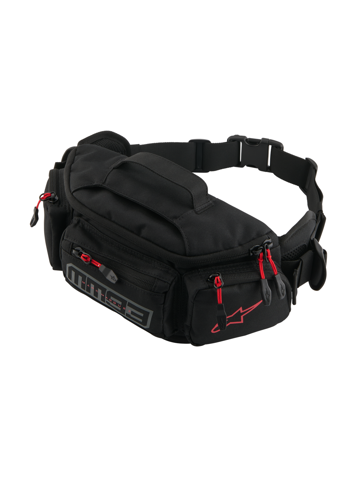 Alpinestars MM93 Waist Bag, marsupio da moto, nero con tiranti delle cerniere rossi, scomparti multipli con zip, cintura regolabile con fibbia, caratterizzato dal logo Alpinestars rosso e marchio MM93 grigio, tessuto durevole resistente all'acqua