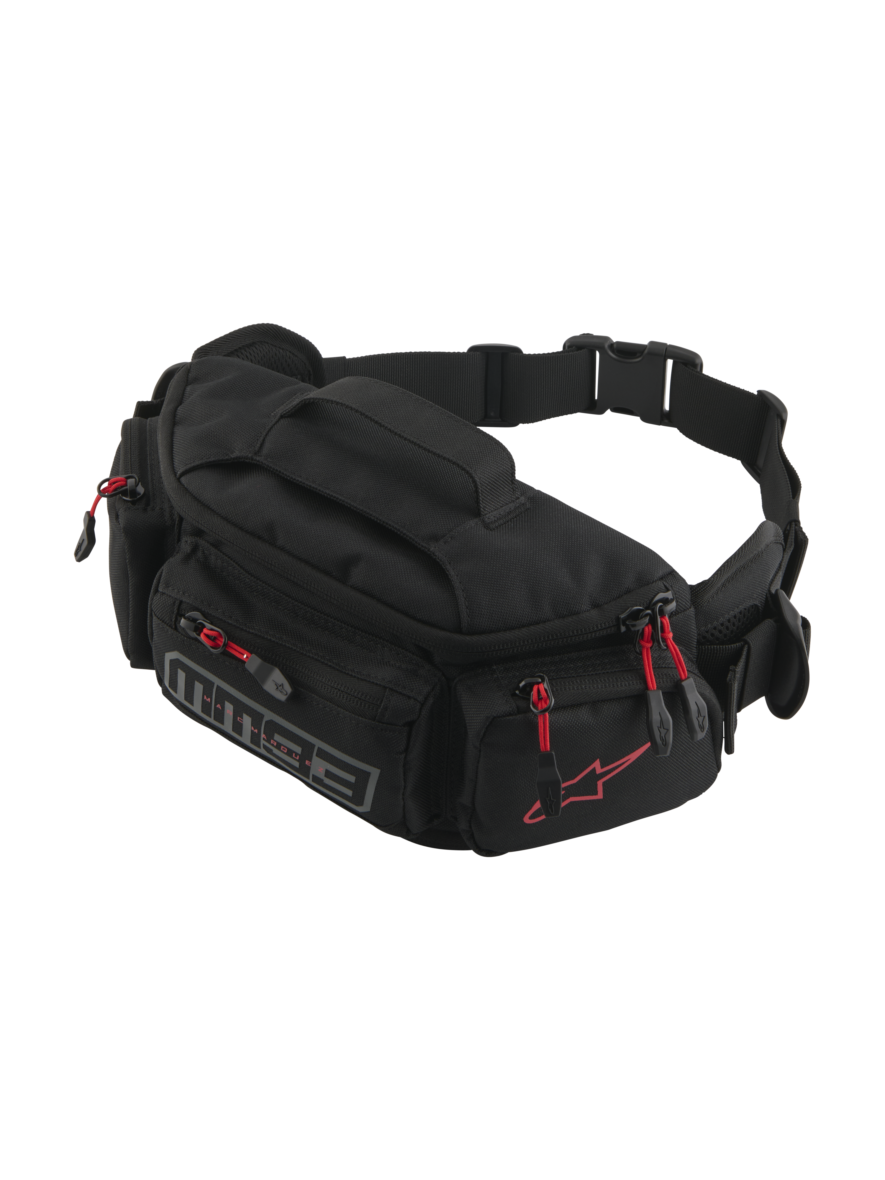 Alpinestars MM93 Waist Bag, marsupio da moto, nero con tiranti delle cerniere rossi, scomparti multipli con zip, cintura regolabile con fibbia, caratterizzato dal logo Alpinestars rosso e marchio MM93 grigio, tessuto durevole resistente all'acqua