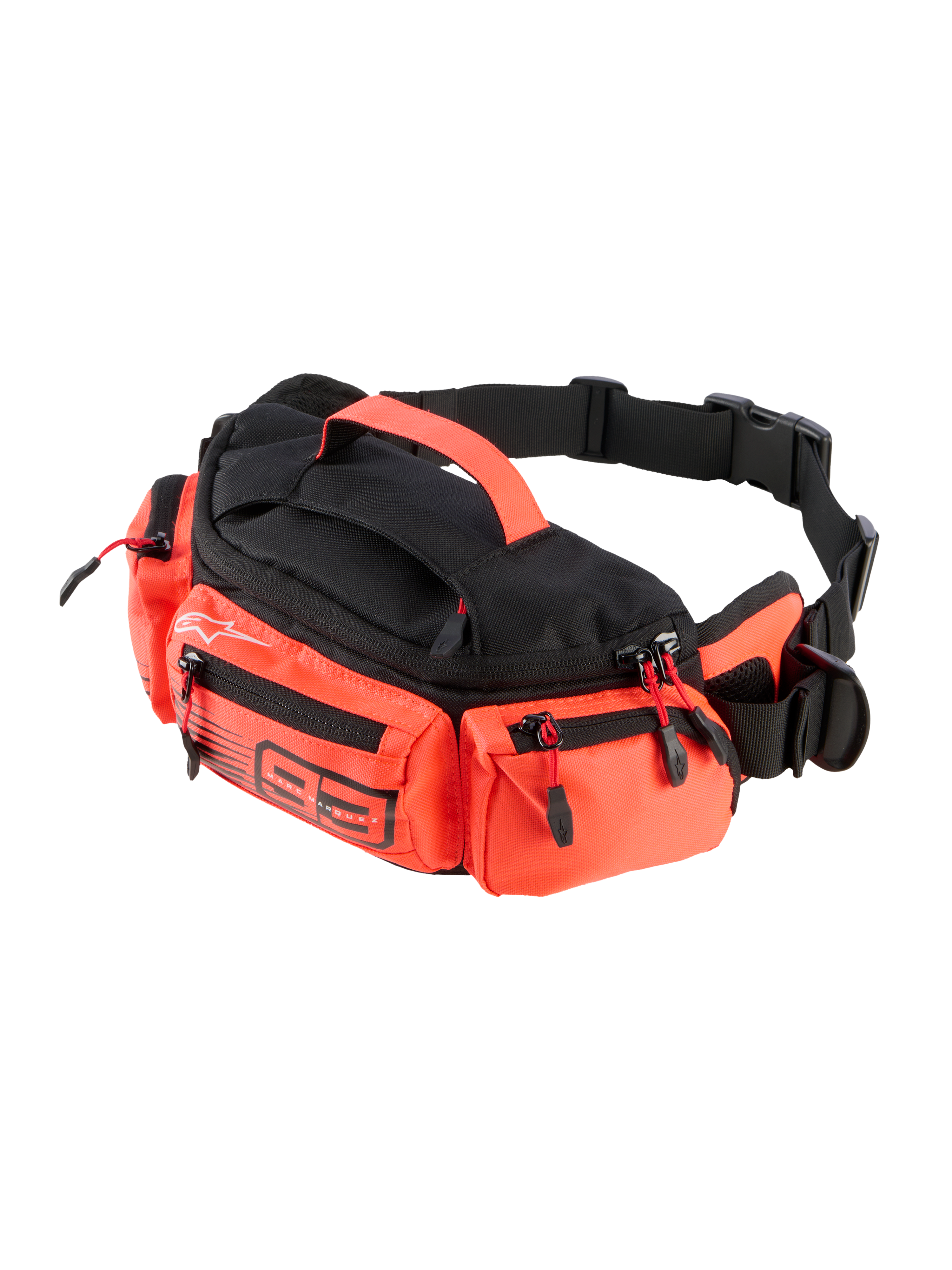 Alpinestars MM93 Waist Bag, marsupio da moto nero e rosso fluo, scomparti multipli con zip, impugnatura superiore e cinturino regolabile, grafica Marc Marquez 93, costruzione durevole e resistente all'acqua