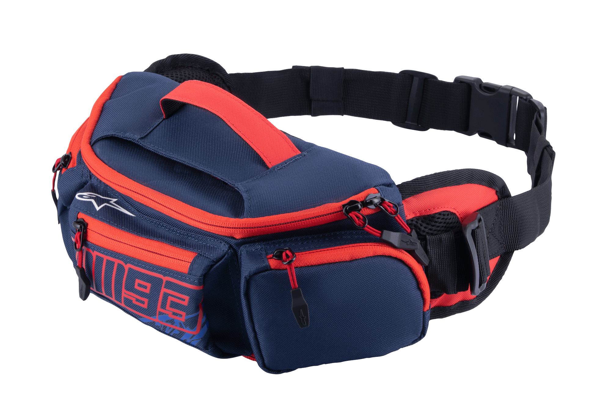 Alpinestars MM93 Waist Bag, marsupio sportivo e resistente, blu navy con dettagli rosso acceso, logo MM93, scomparti multipli con zip e cintura regolabile con fibbia
