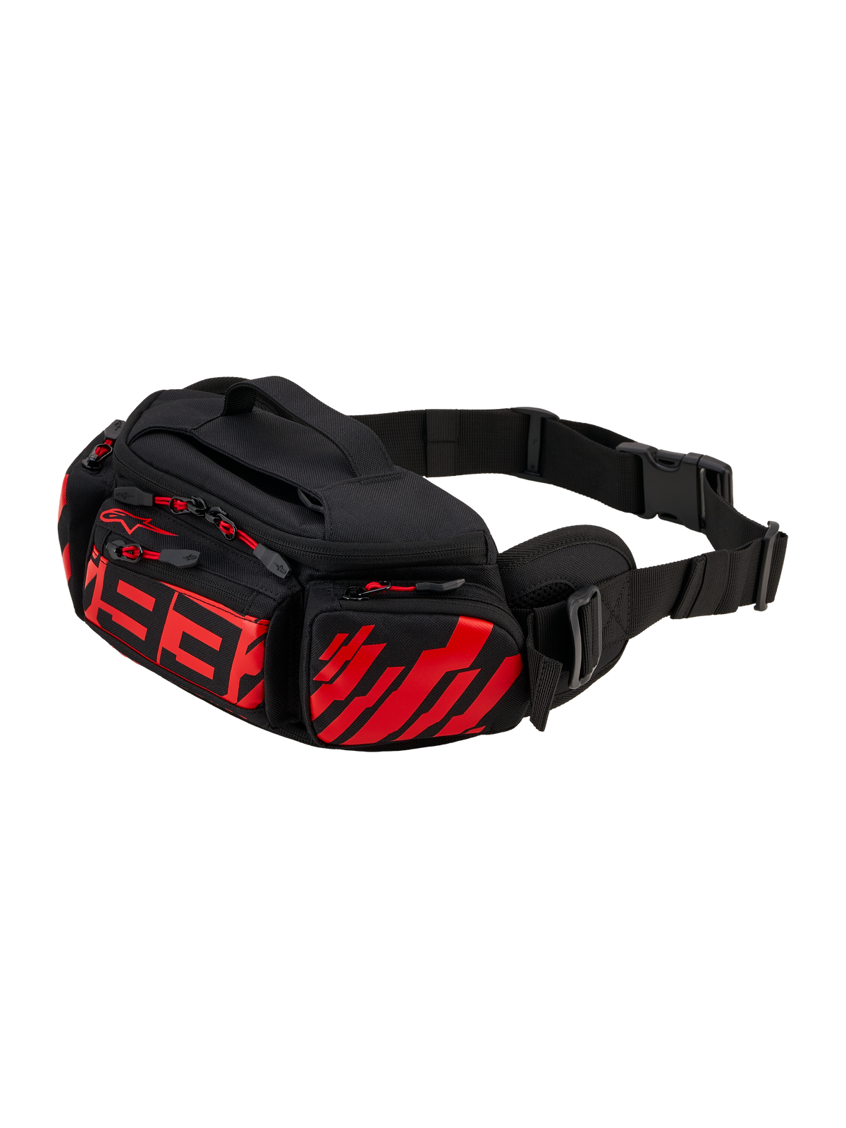 Alpinestars MM93 Waist Bag, marsupio da moto, nero con rosso fluo e rosso brillante, con logo 93 stilizzato rosso sul davanti, molteplici scomparti con cerniera e tiranti rossi, cintura in vita regolabile nera con fibbia, robusta struttura in tessuto
