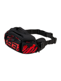Alpinestars MM93 Waist Bag, marsupio da moto, nero con rosso fluo e rosso brillante, con logo 93 stilizzato rosso sul davanti, molteplici scomparti con cerniera e tiranti rossi, cintura in vita regolabile nera con fibbia, robusta struttura in tessuto