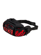 Alpinestars MM93 Waist Bag, marsupio da moto, nero con rosso fluo e rosso brillante, con logo 93 stilizzato rosso sul davanti, molteplici scomparti con cerniera e tiranti rossi, cintura in vita regolabile nera con fibbia, robusta struttura in tessuto