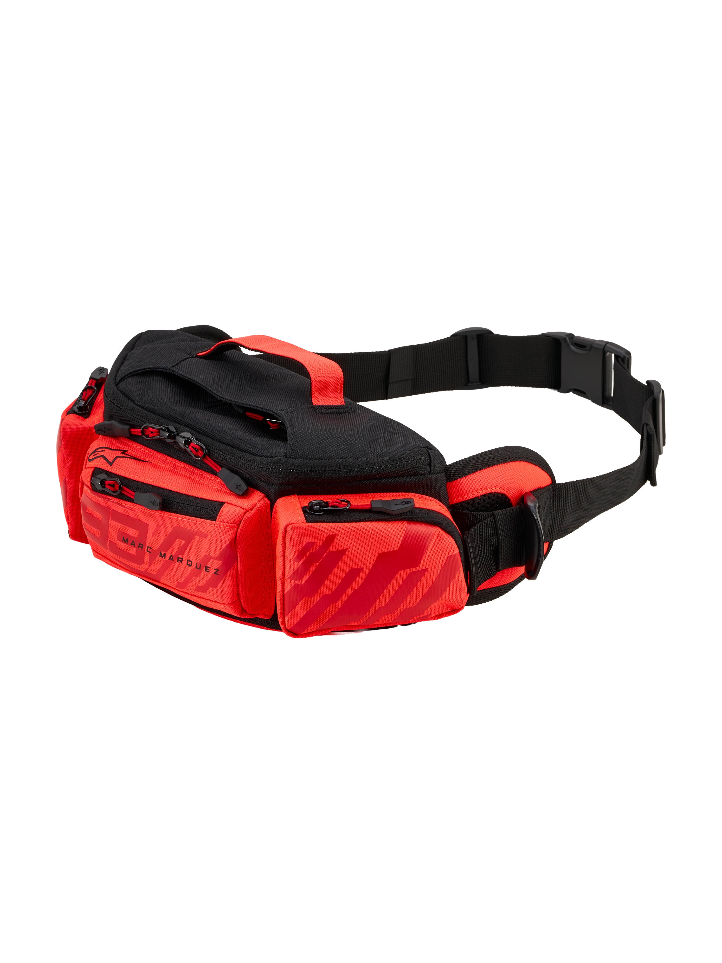 Alpinestars MM93 Waist Bag, marsupio da moto, rosso acceso, rosso fluo e nero, con grafiche Marc Marquez, scomparti multipli con cerniera, cintura regolabile con fibbia e maniglia superiore