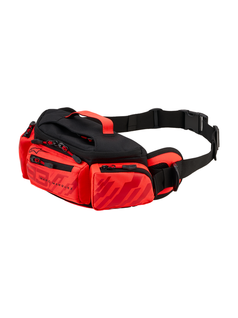 Alpinestars MM93 Waist Bag, marsupio da moto, rosso acceso, rosso fluo e nero, con grafiche Marc Marquez, scomparti multipli con cerniera, cintura regolabile con fibbia e maniglia superiore