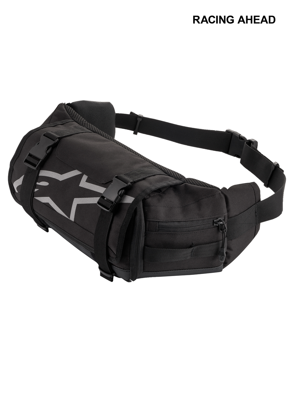 Alpinestars Tech Tool Pack, nero, marsupio porta attrezzi da moto resistente, con logo a stella Alpinestars grigio, cinghie di compressione regolabili con fibbie in plastica e scomparti laterali con cerniera, ideale per enduro e fuoristrada