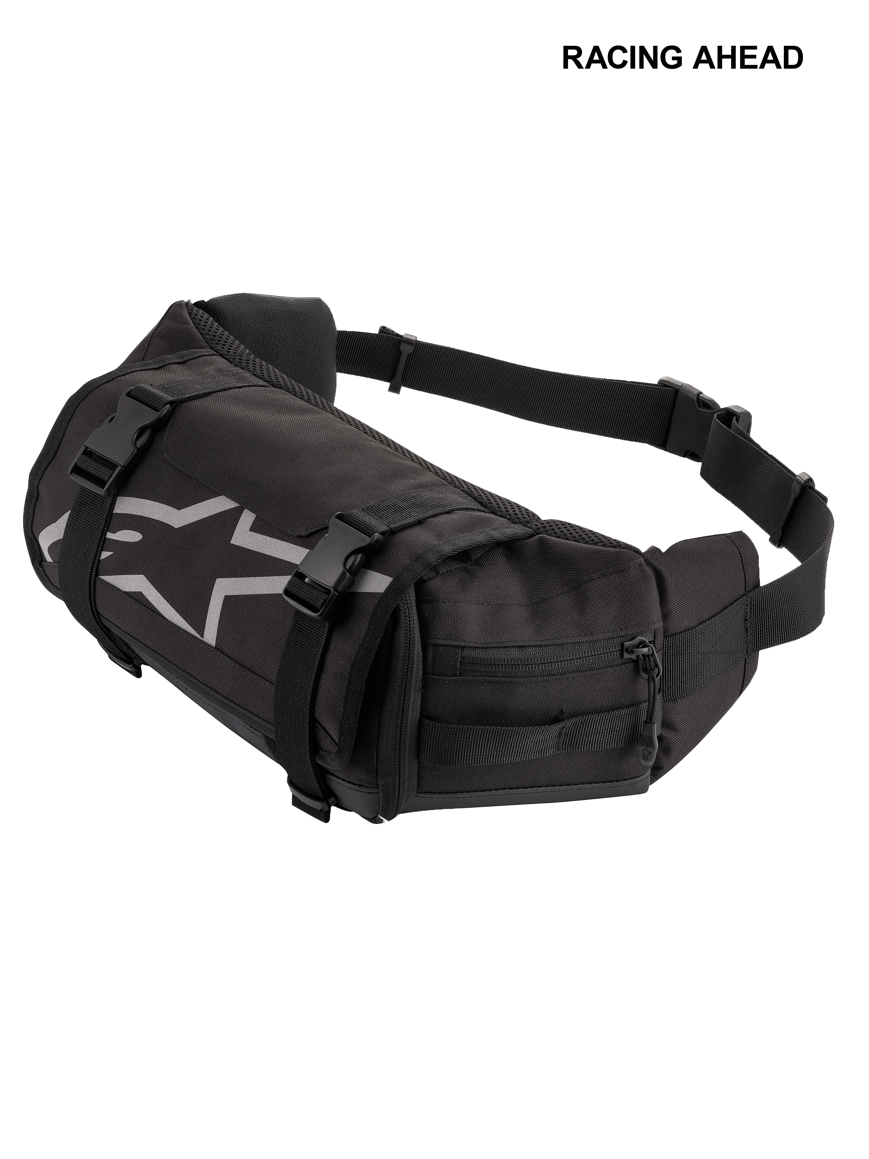 Alpinestars Tech Tool Pack, nero, marsupio porta attrezzi da moto resistente, con logo a stella Alpinestars grigio, cinghie di compressione regolabili con fibbie in plastica e scomparti laterali con cerniera, ideale per enduro e fuoristrada