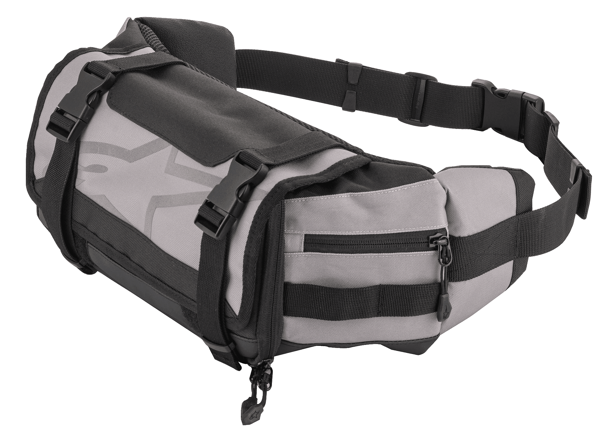 Alpinestars Tech Tool Pack, marsupio da enduro grigio e nero, porta attrezzi per moto, cinghie regolabili con fibbie in plastica, grande logo a stella, costruzione in tessuto resistente, design compatto