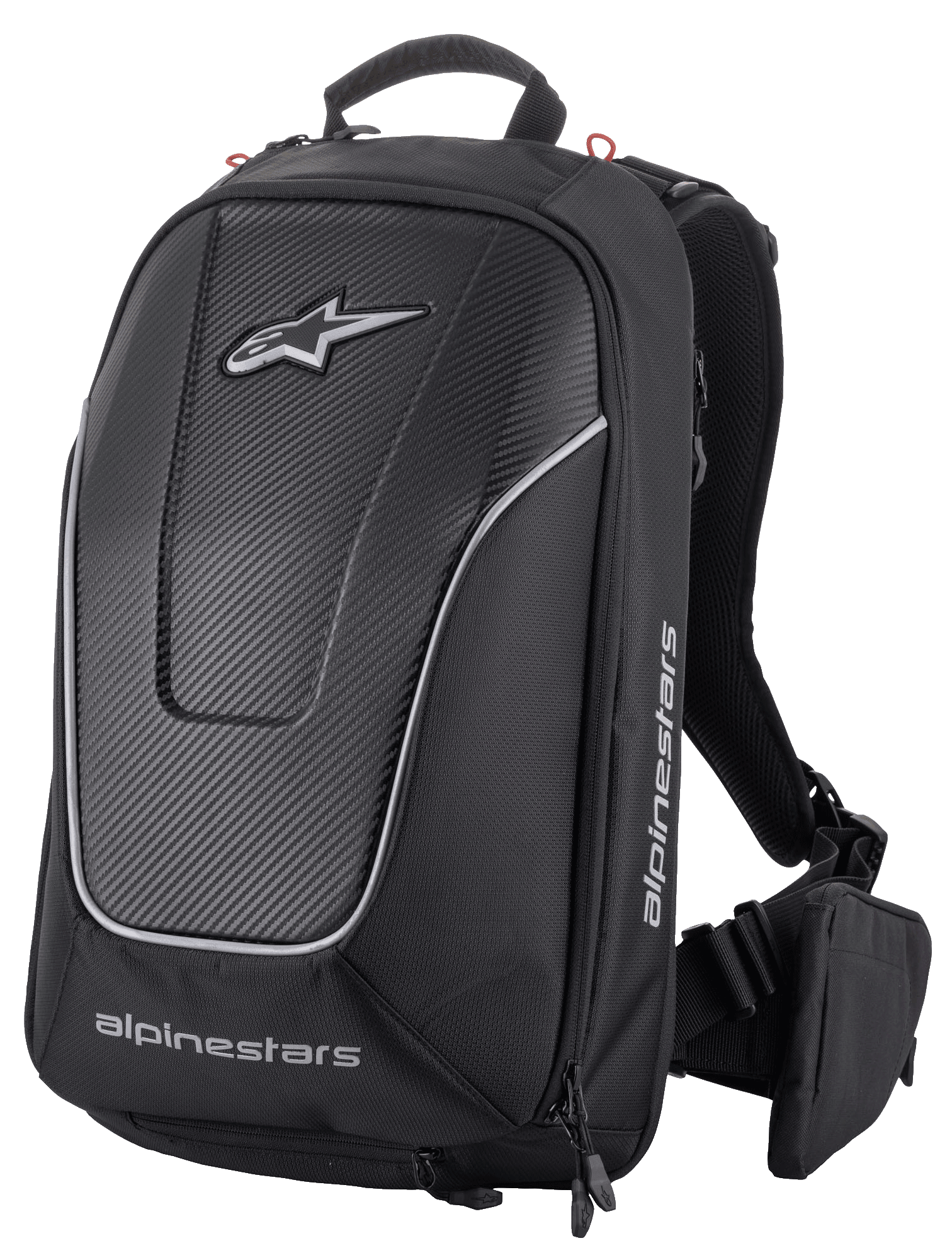 Alpinestars Charger Pro Backpack, nero, zaino da moto aerodinamico semirigido, pannello frontale con trama in fibra di carbonio e profili argento riflettenti, loghi Alpinestars bianchi, spallacci imbottiti e tasca sulla cintura rimovibile, design sportivo da guida